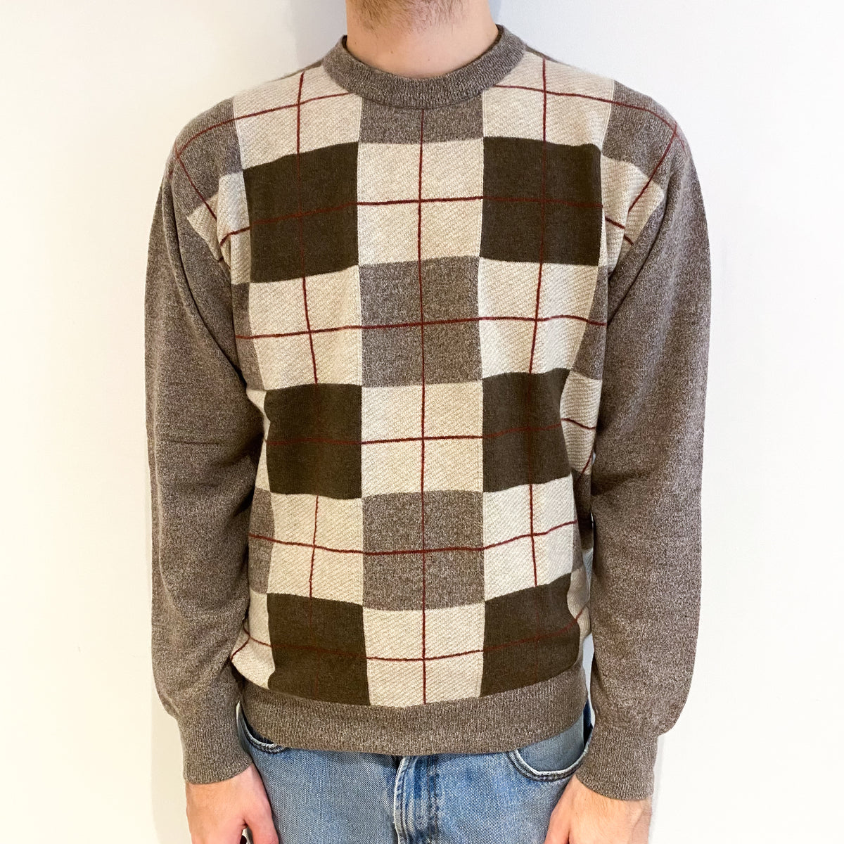 Men's Mocha Brown Checked Cashmere Crew Neck Jumper Large