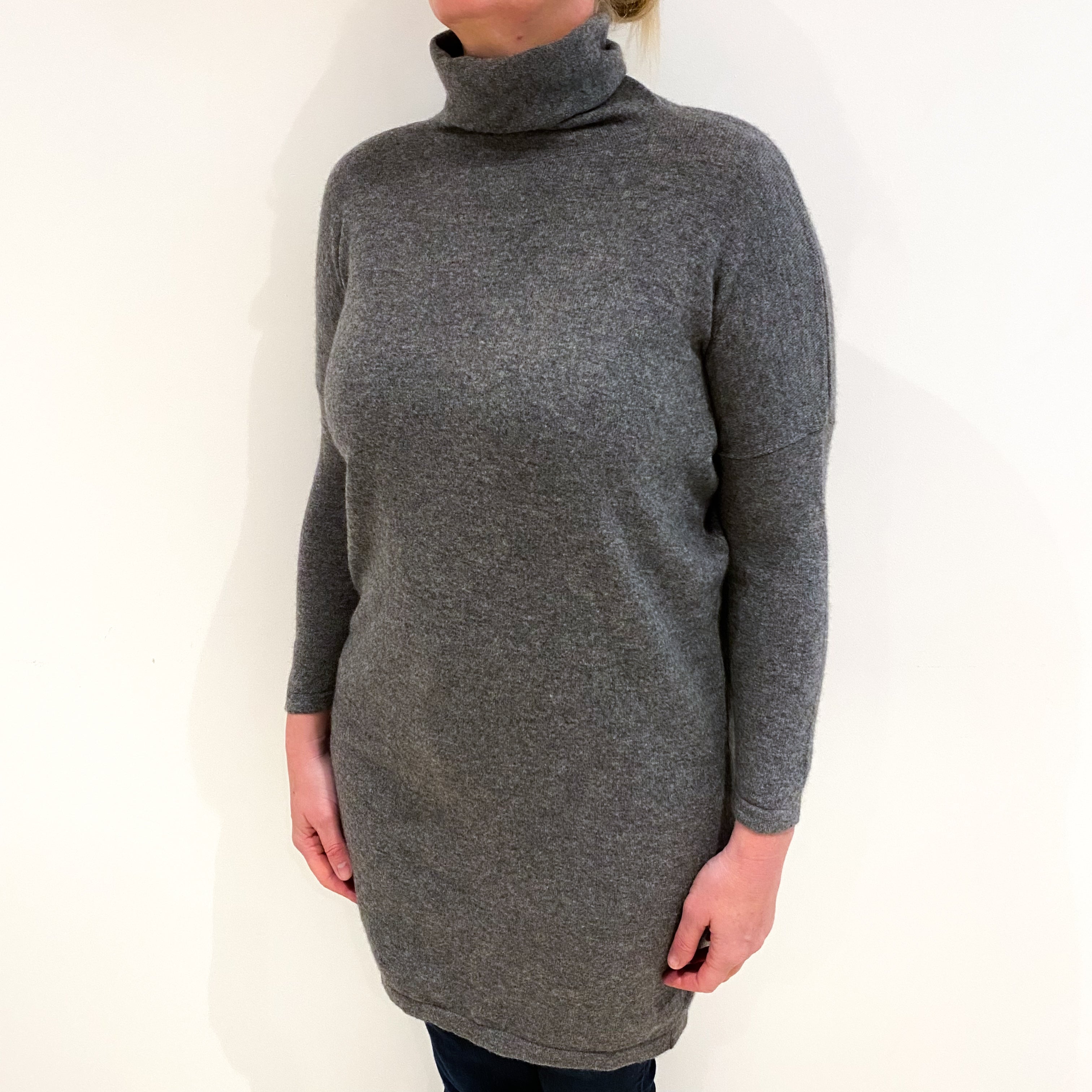 Slate Grey Cashmere Longline Polo Neck Jumper Large