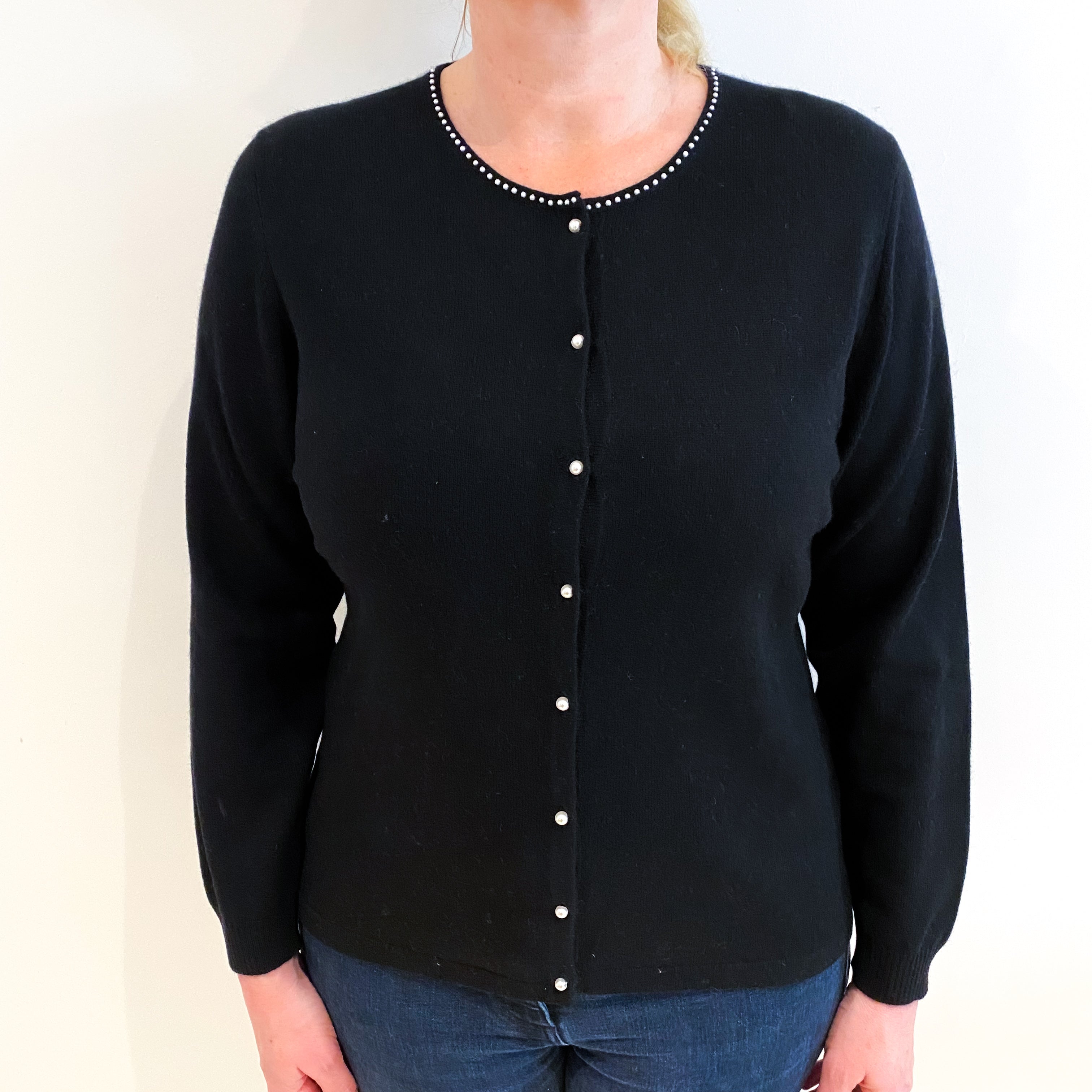 Black Pearl Detail Cashmere Crew Neck Cardigan Large