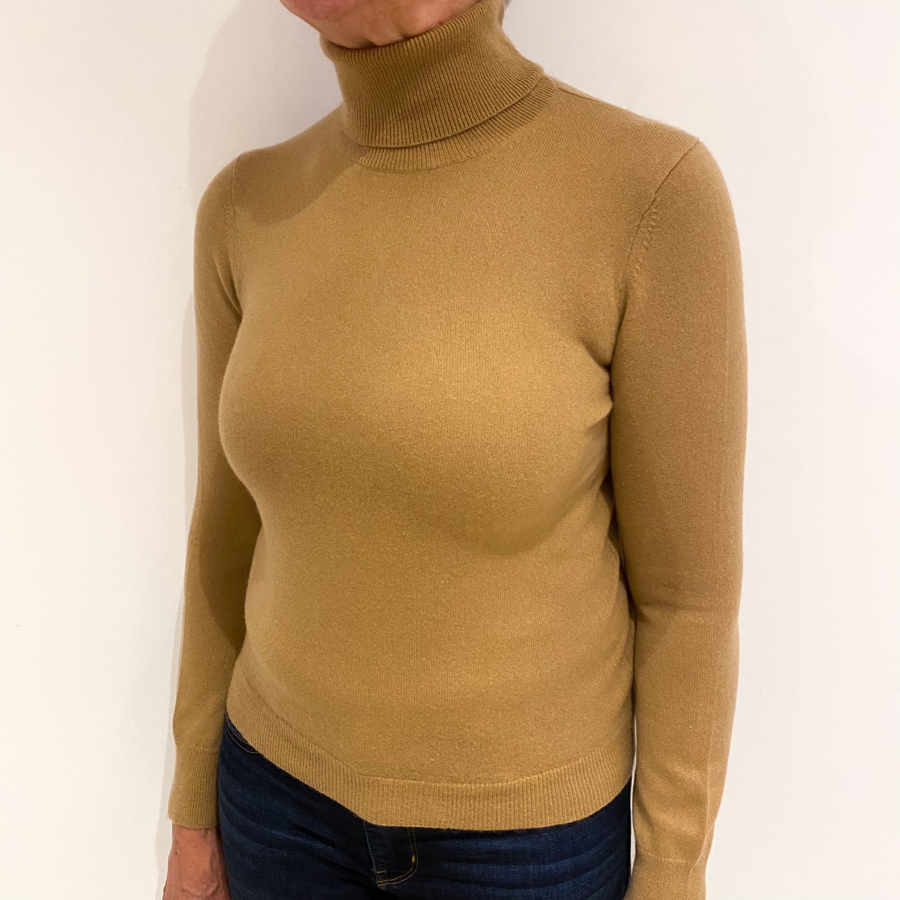 Camel Brown Cashmere Polo Neck Jumper Medium