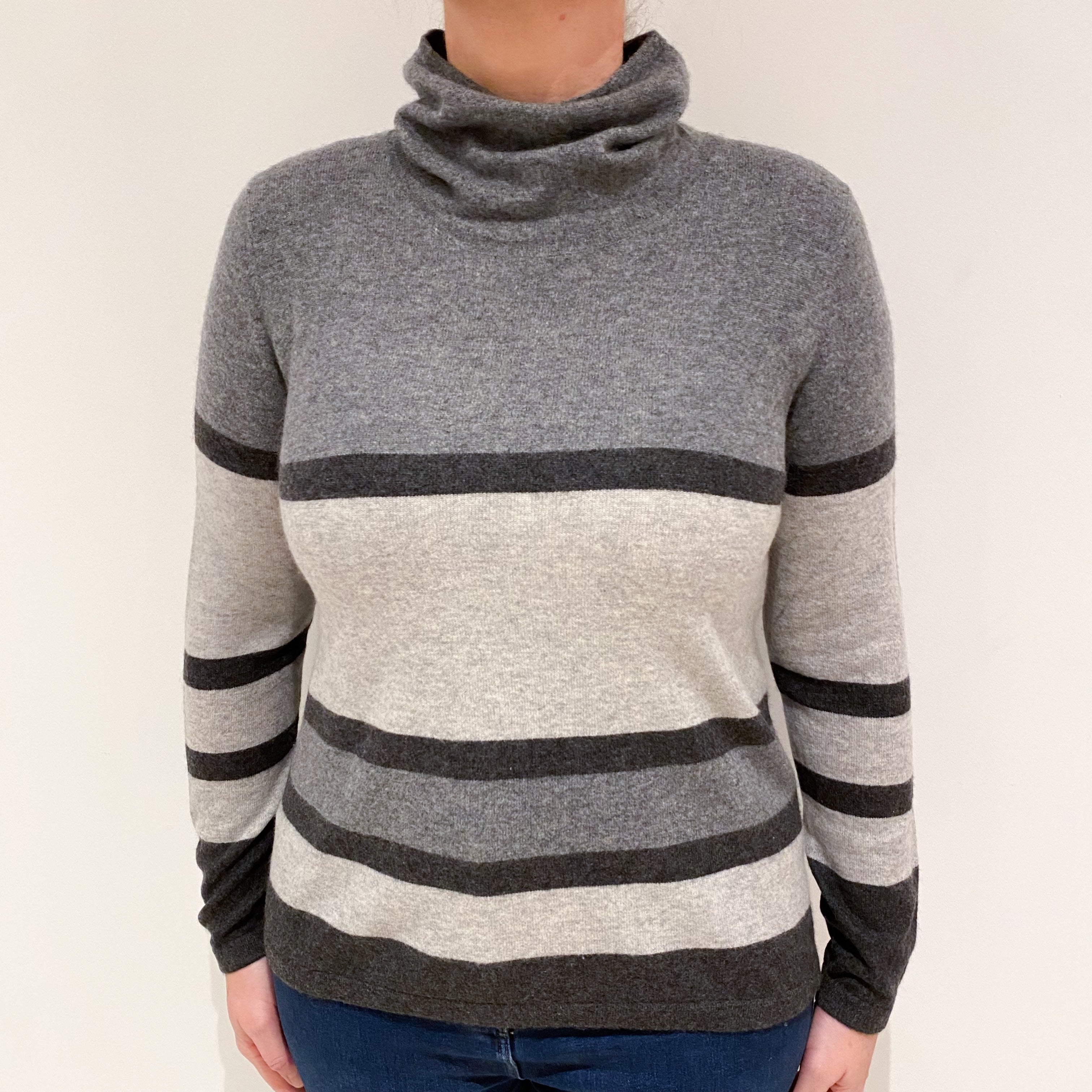 Grey Stripe Cashmere Funnel Neck Jumper Large