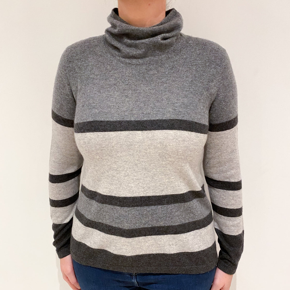Grey Stripe Cashmere Funnel Neck Jumper Large