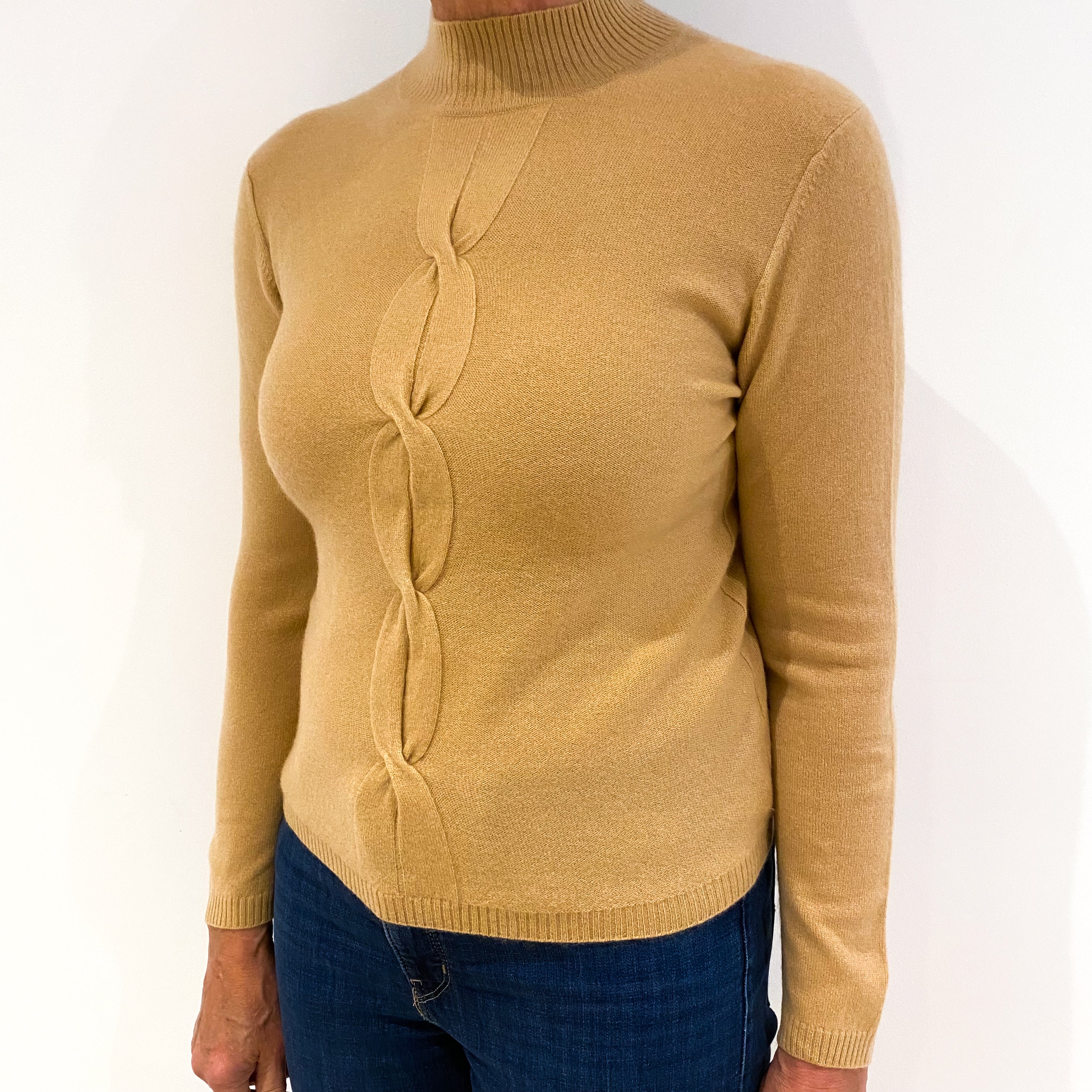 Caramel Brown Cable Detail Cashmere Turtle Neck Jumper Medium