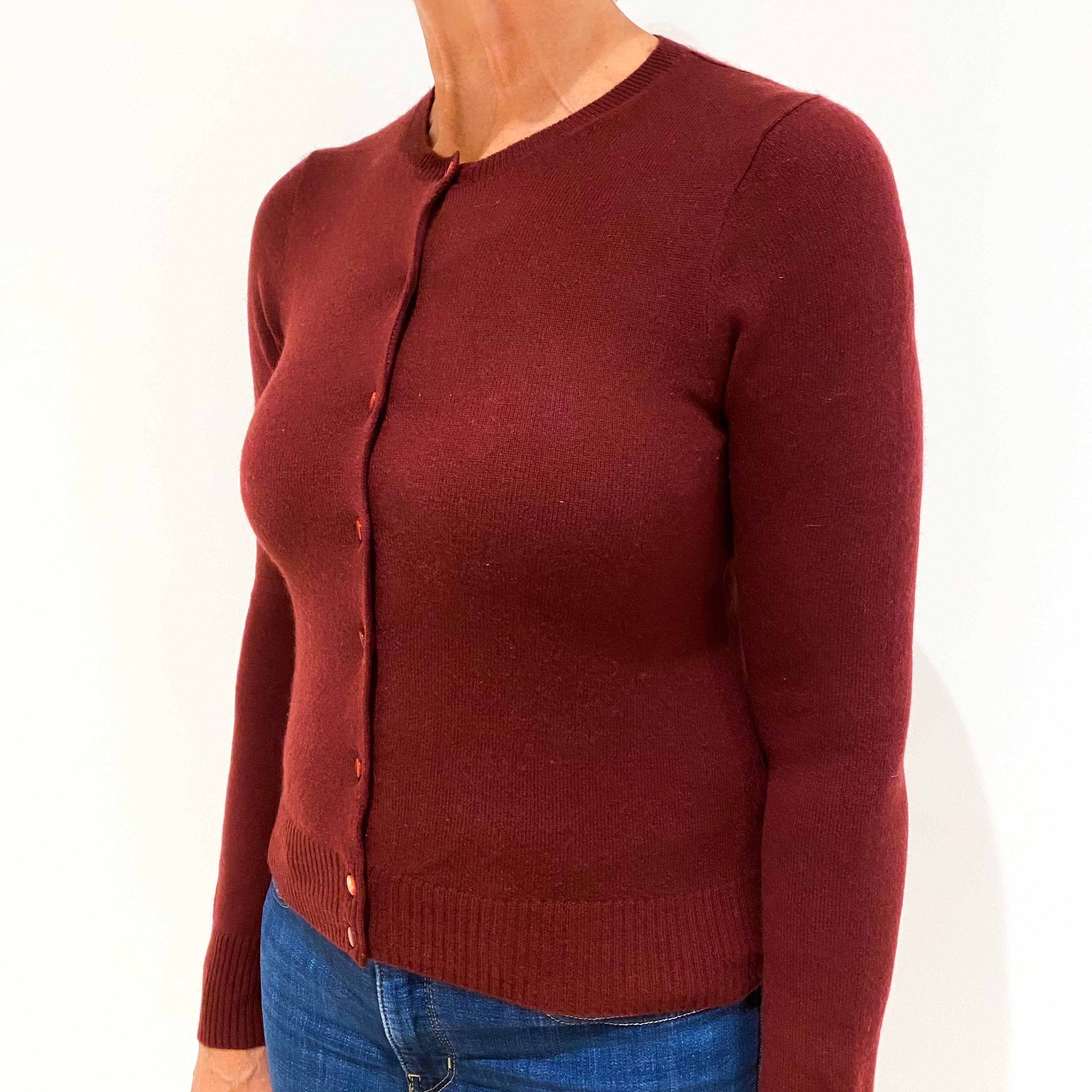 Burgundy Red Cashmere Crew Neck Cardigan Medium