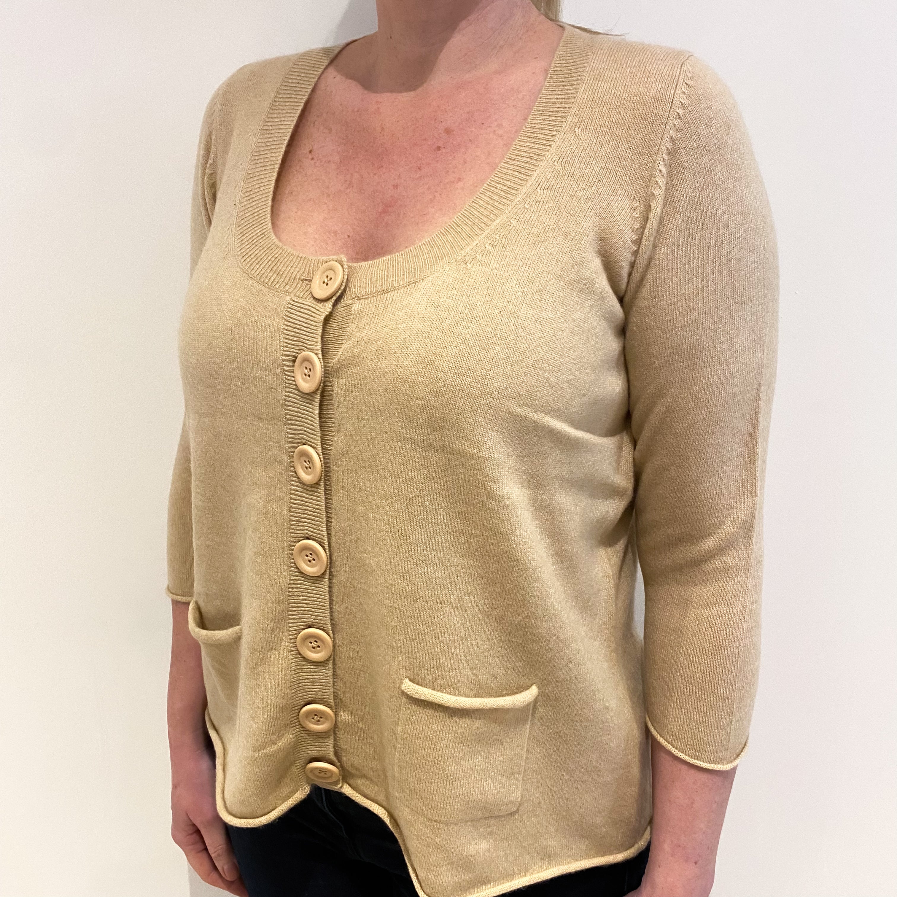 Beige Cashmere Scoop Neck Cardigan with Pockets Large