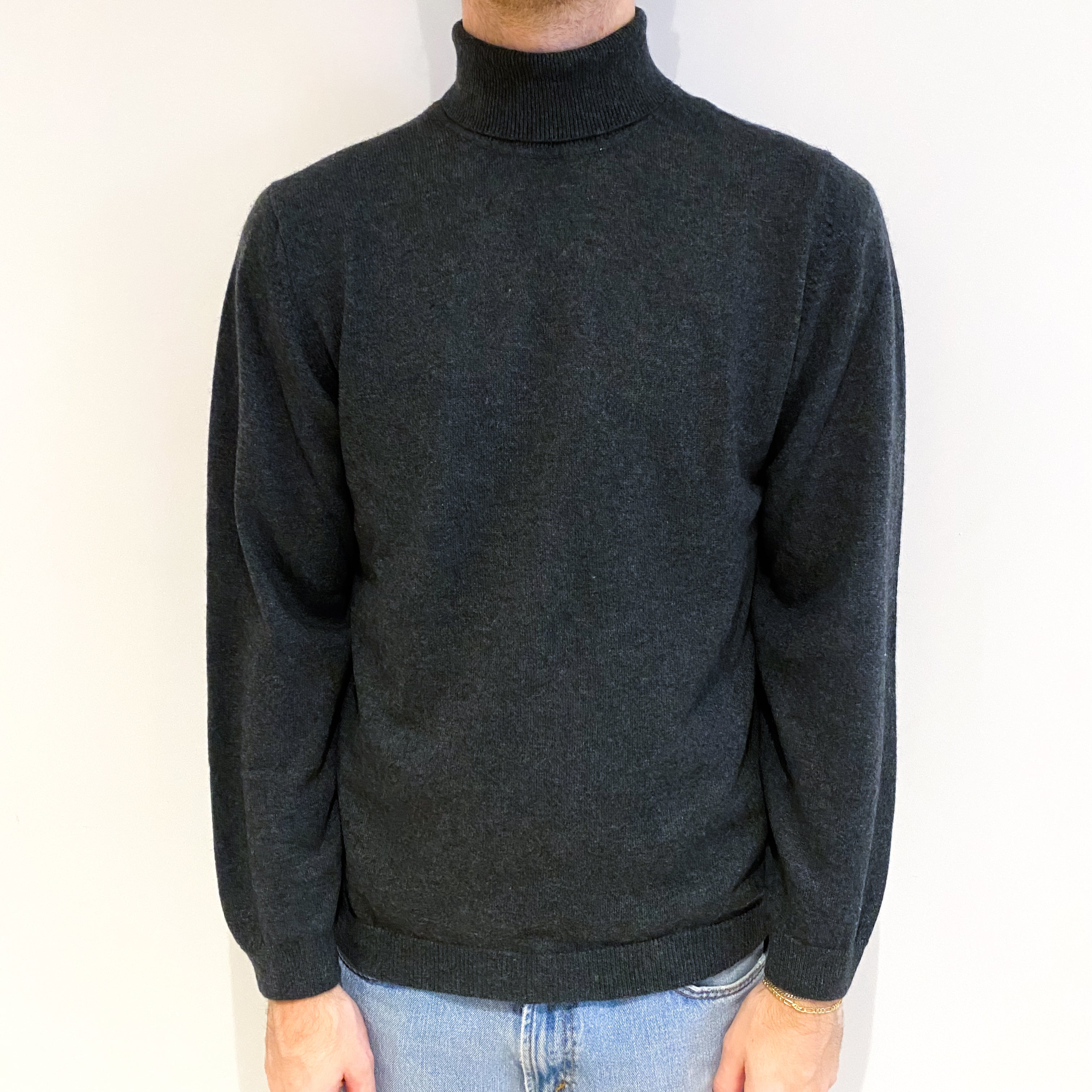 Men's Moss Green Marl Cashmere Polo Neck Jumper Large