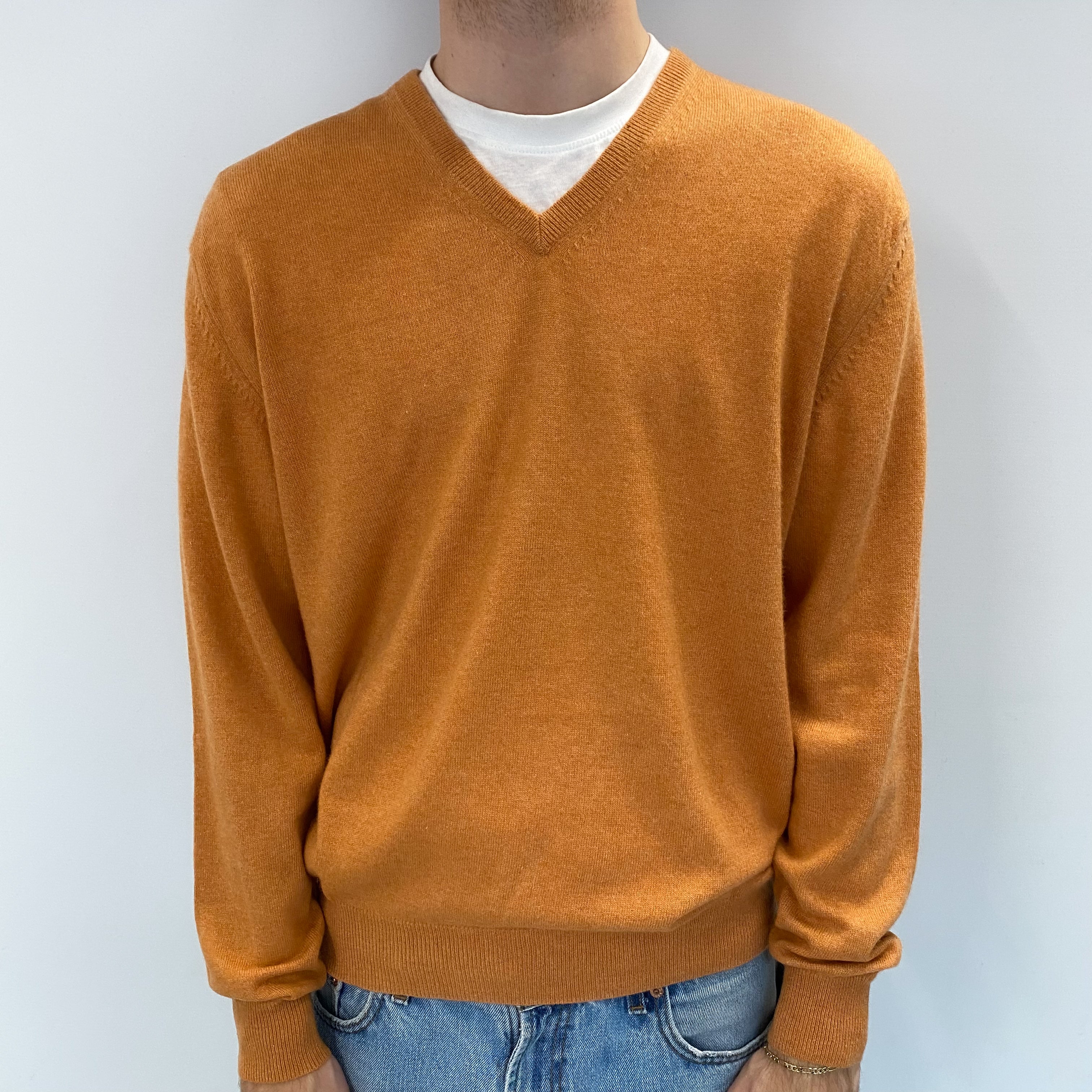 Men's Muted Orange Cashmere V Neck Jumper Large