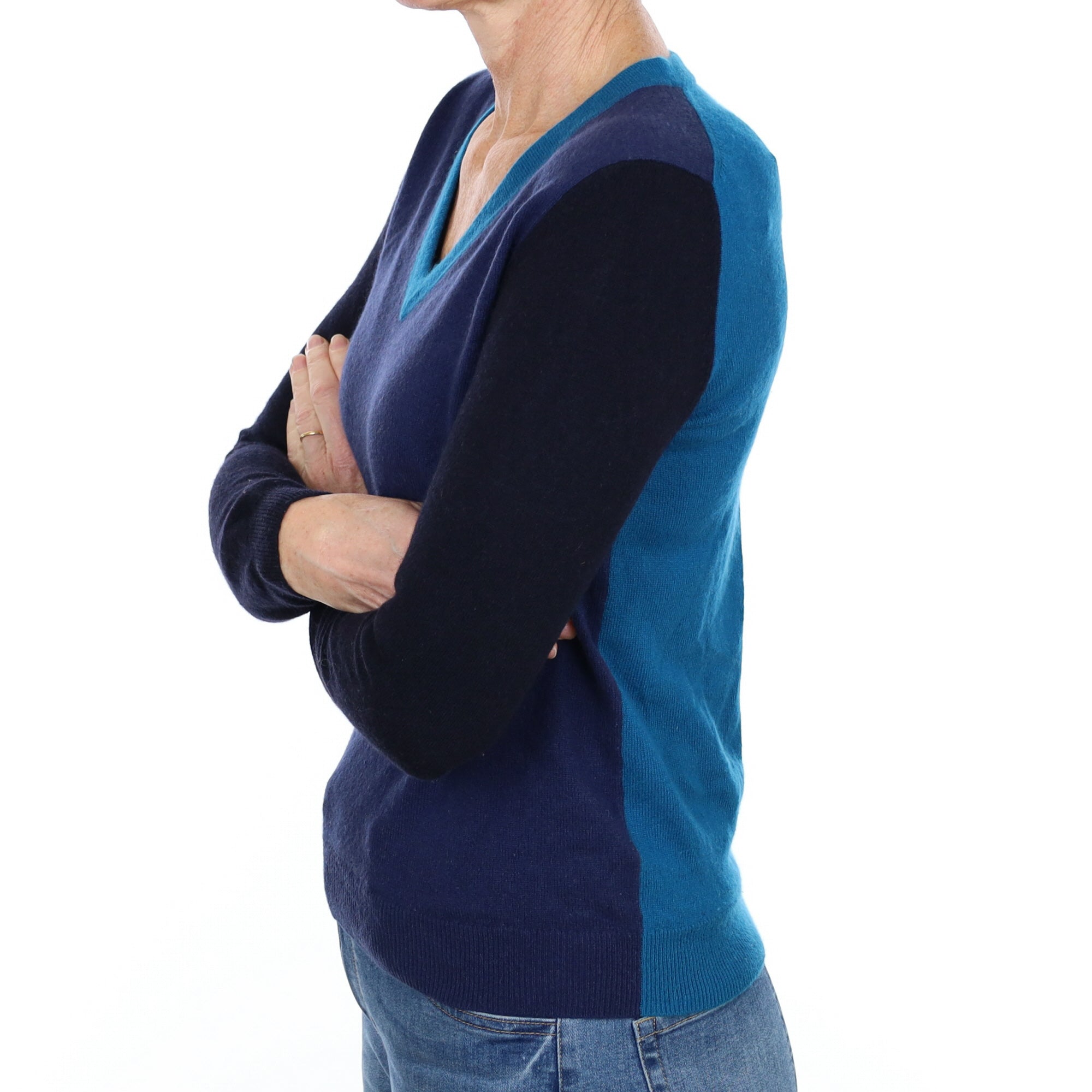 Blue Colour Block Cashmere V Neck Jumper Small