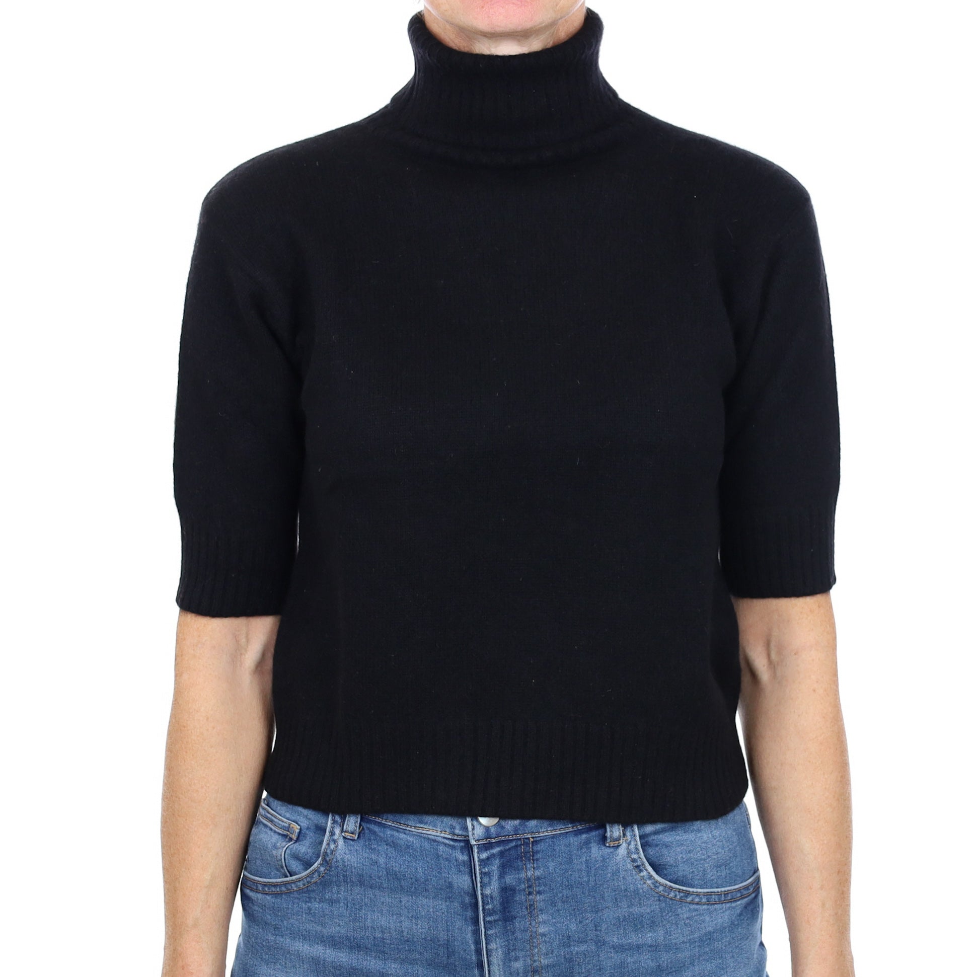 Black Cashmere Polo Neck Short Sleeved Jumper Small
