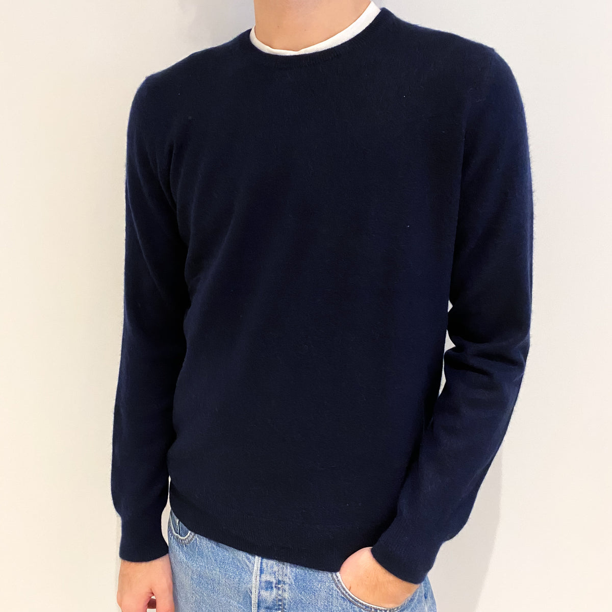 Men's Navy Blue Cashmere Crew Neck Jumper Large