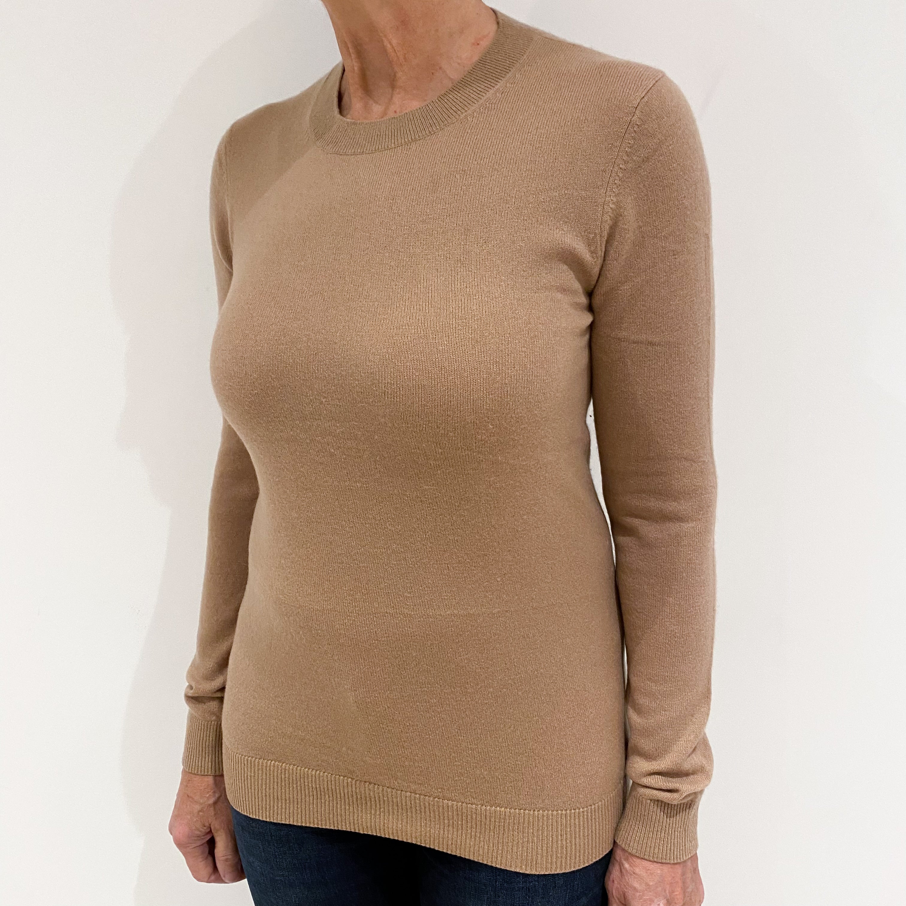 Camel Brown Cashmere Crew Neck Jumper Medium
