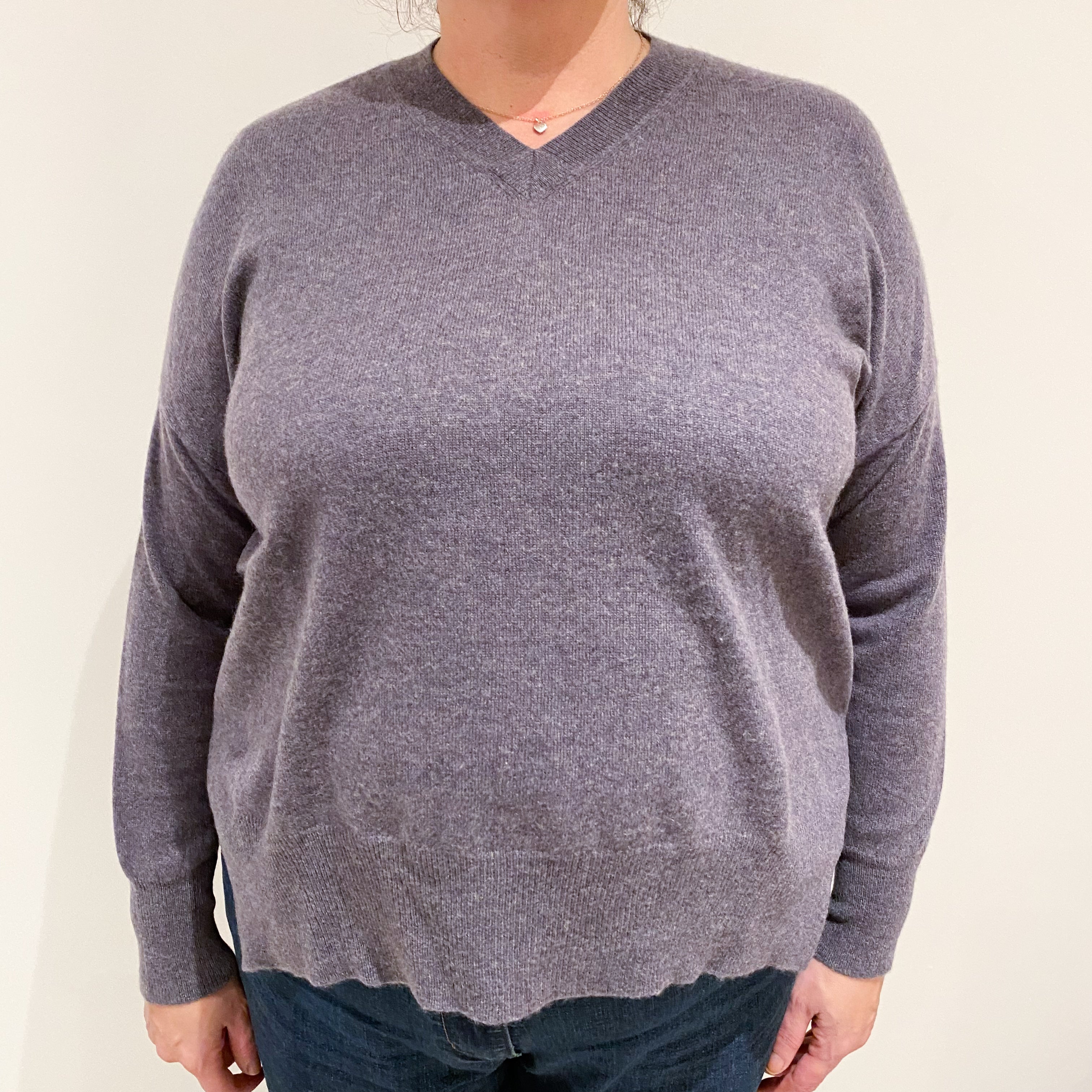 Slate Grey Cashmere Slouchy V-Neck Jumper Extra Large