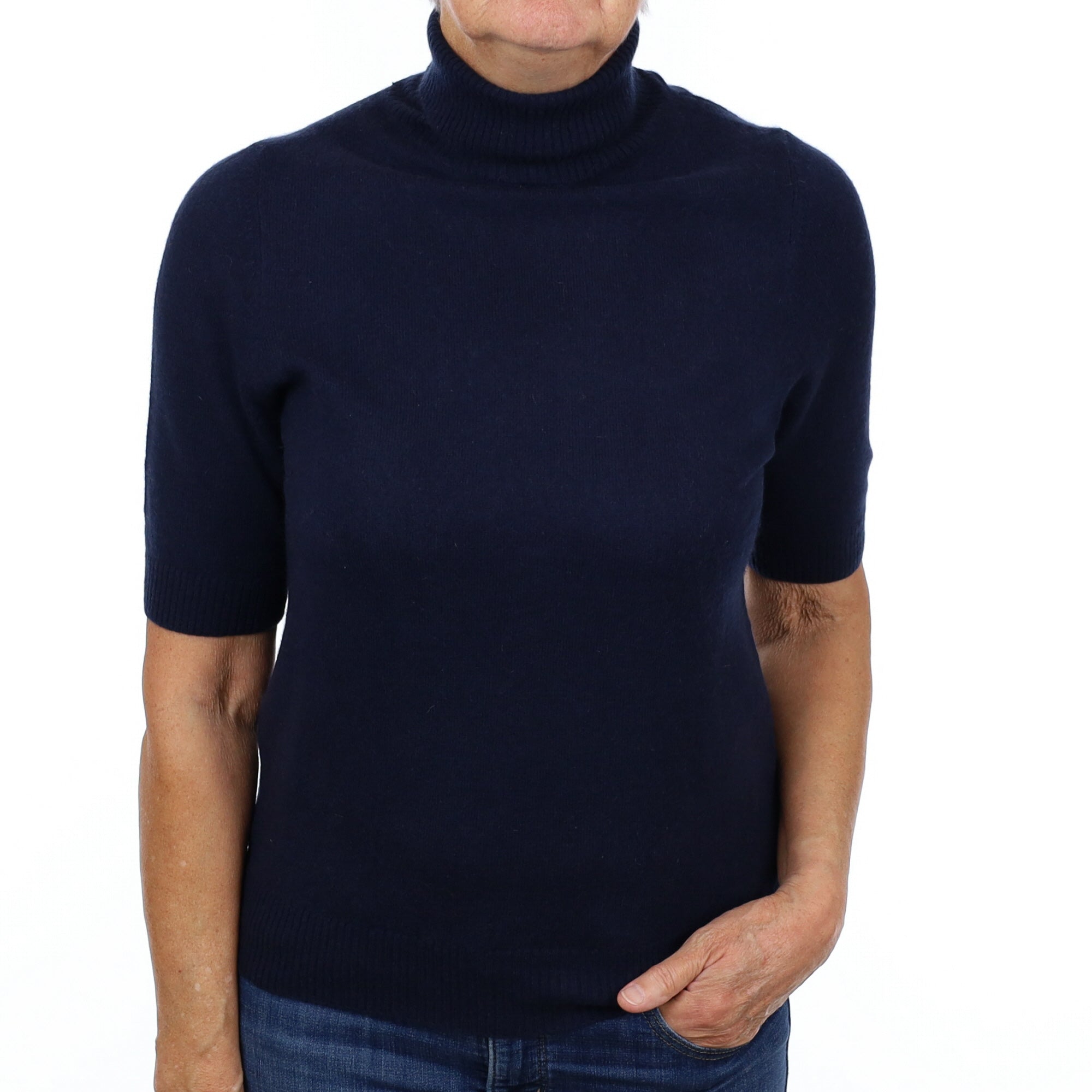 Navy Blue Cashmere Polo Neck Short Sleeved Jumper Medium