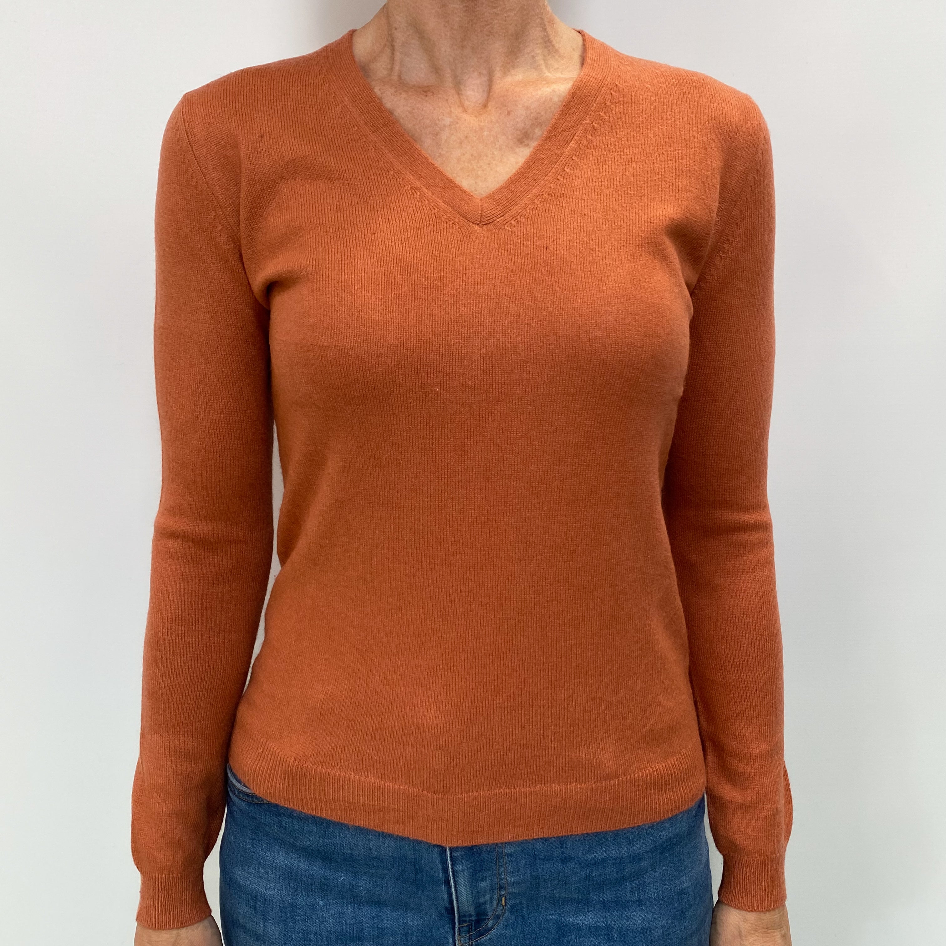 Terracotta Orange Cashmere V Neck Jumper Small