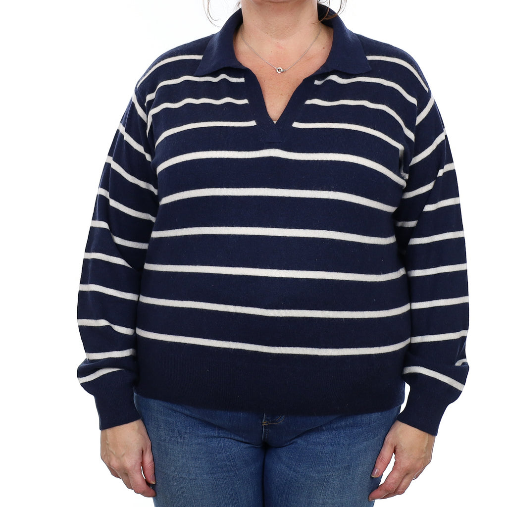 Navy and Ivory Striped Cashmere Collared V Neck Jumper Extra Extra Large