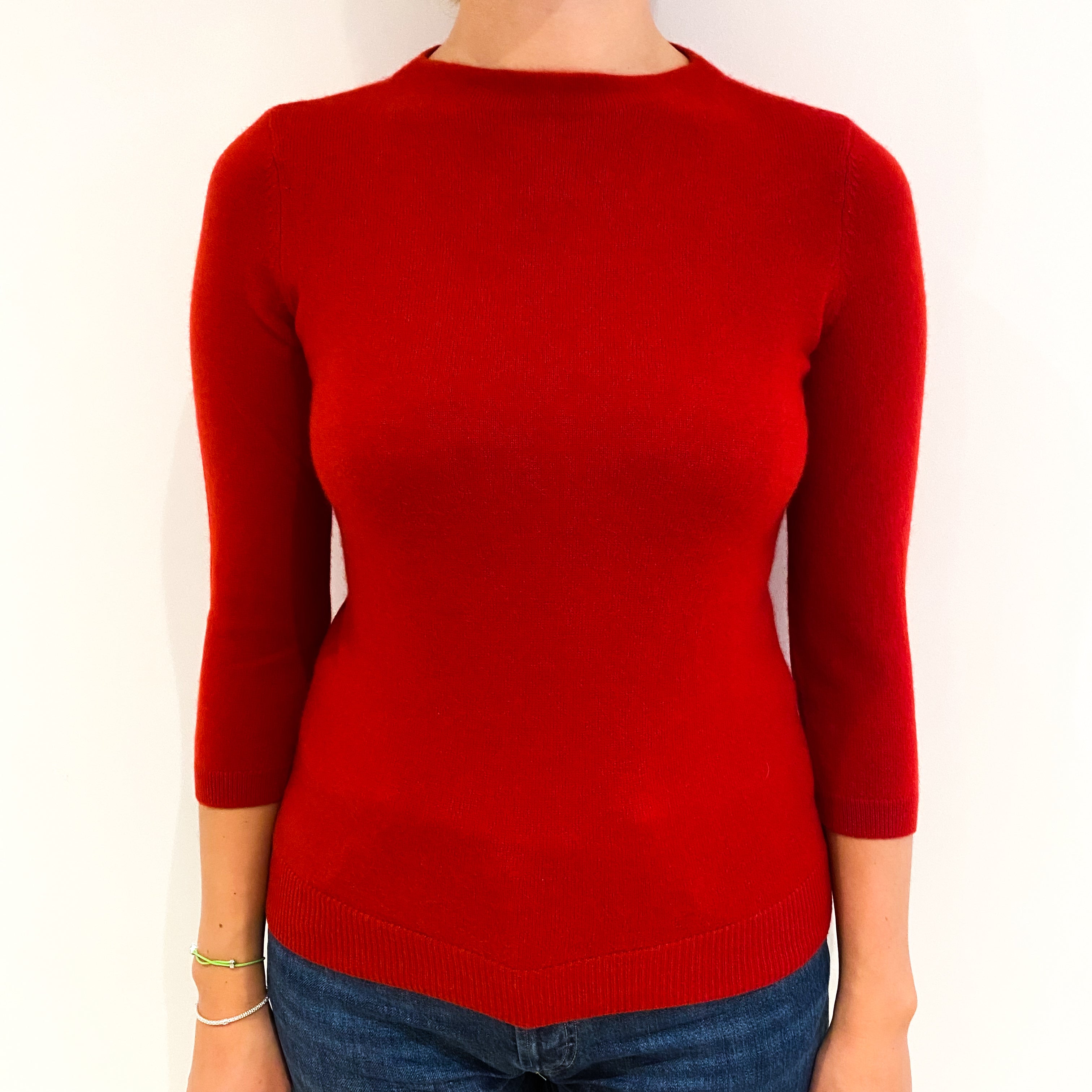 Scarlet Red 3/4 Sleeve Cashmere Crew Neck Jumper Small