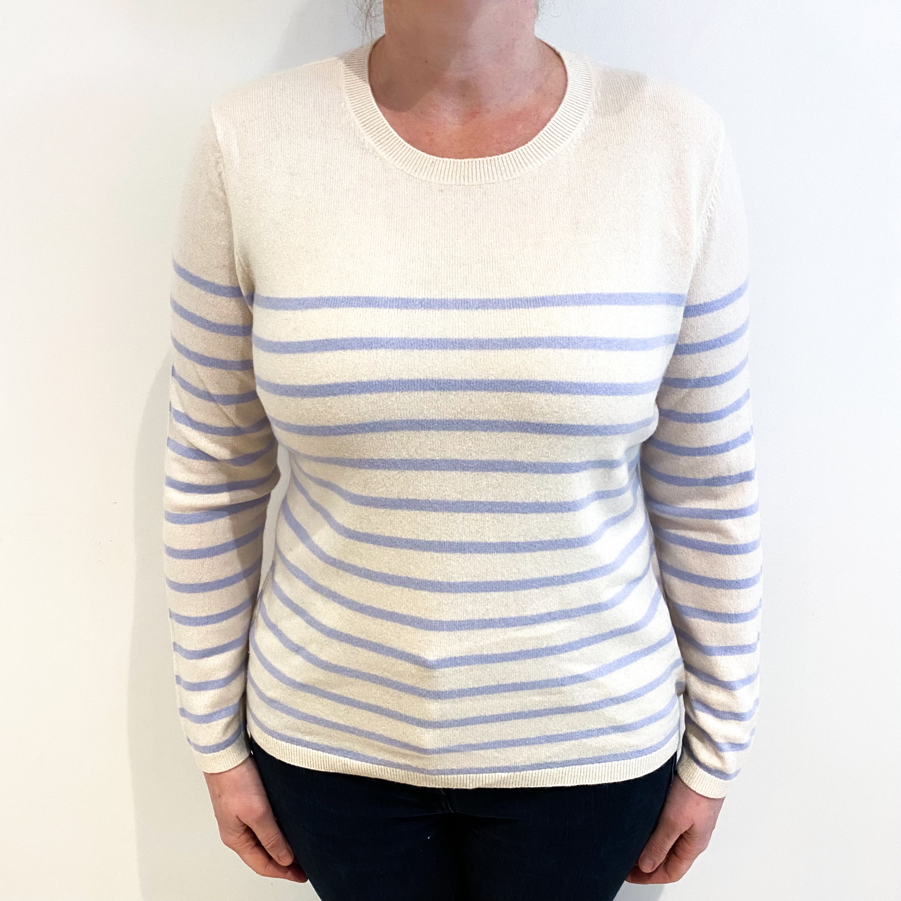 Cream And Blue Stripe Cashmere Crew Neck Jumper Large