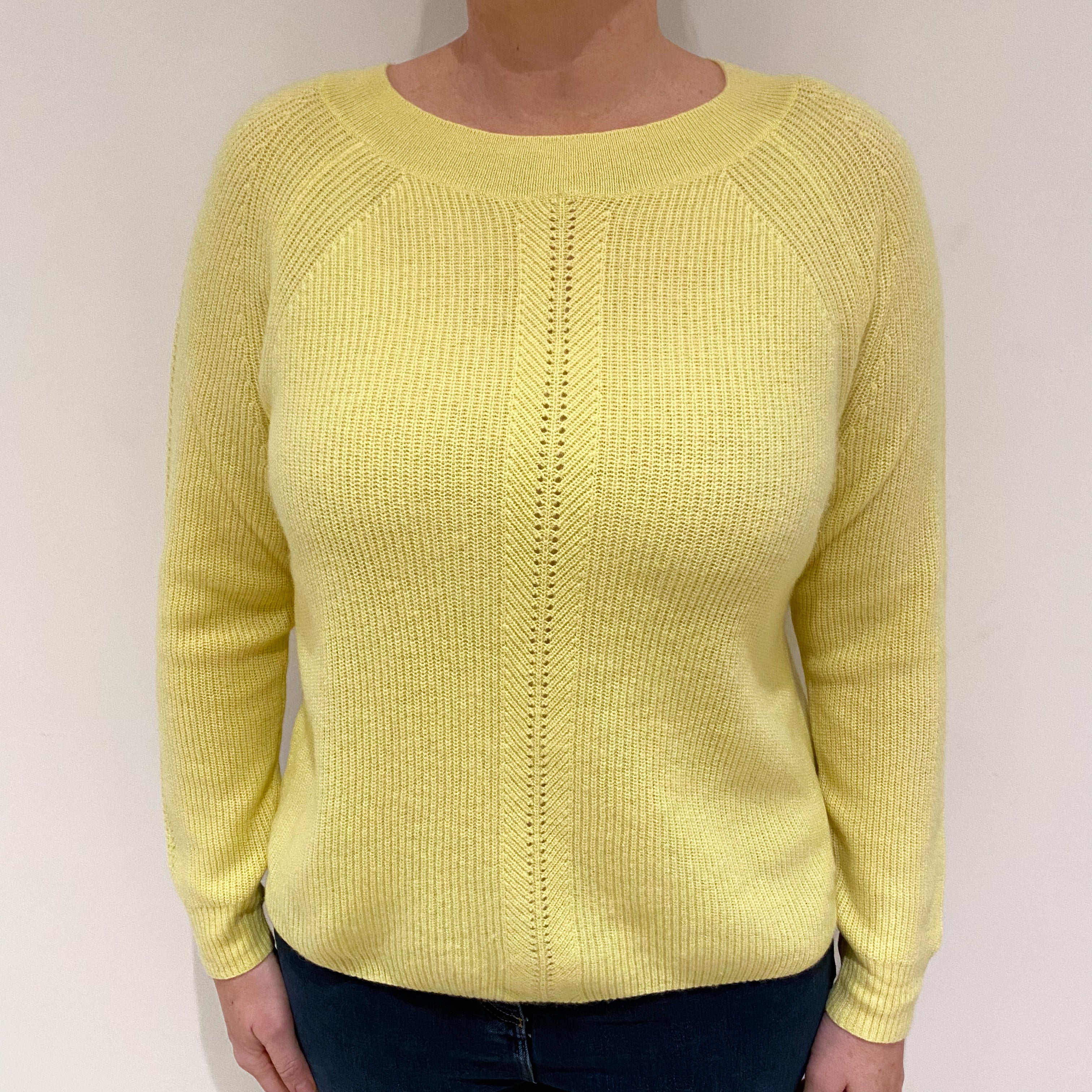 Lemon Yellow Rib Cashmere Crew Neck Jumper Large