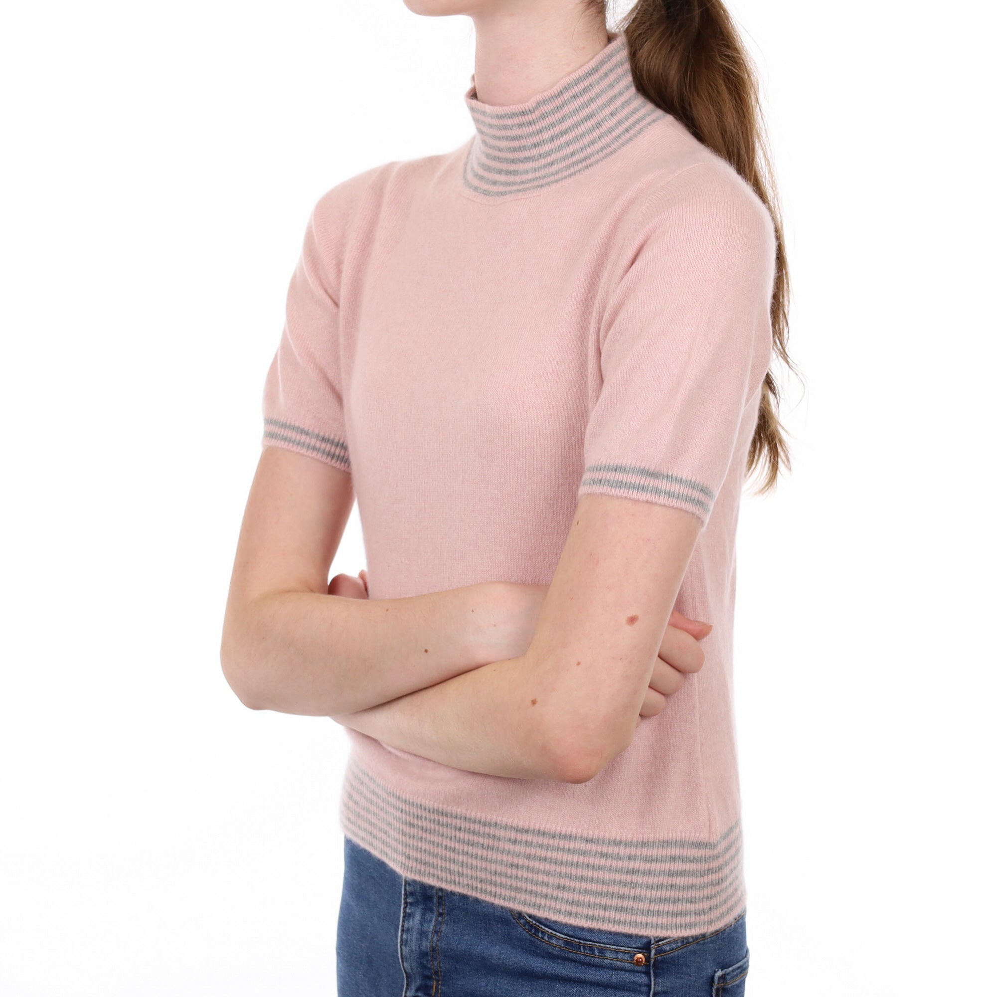 Carnation Pink Cashmere Turtle Neck Short Sleeved Jumper Extra Small