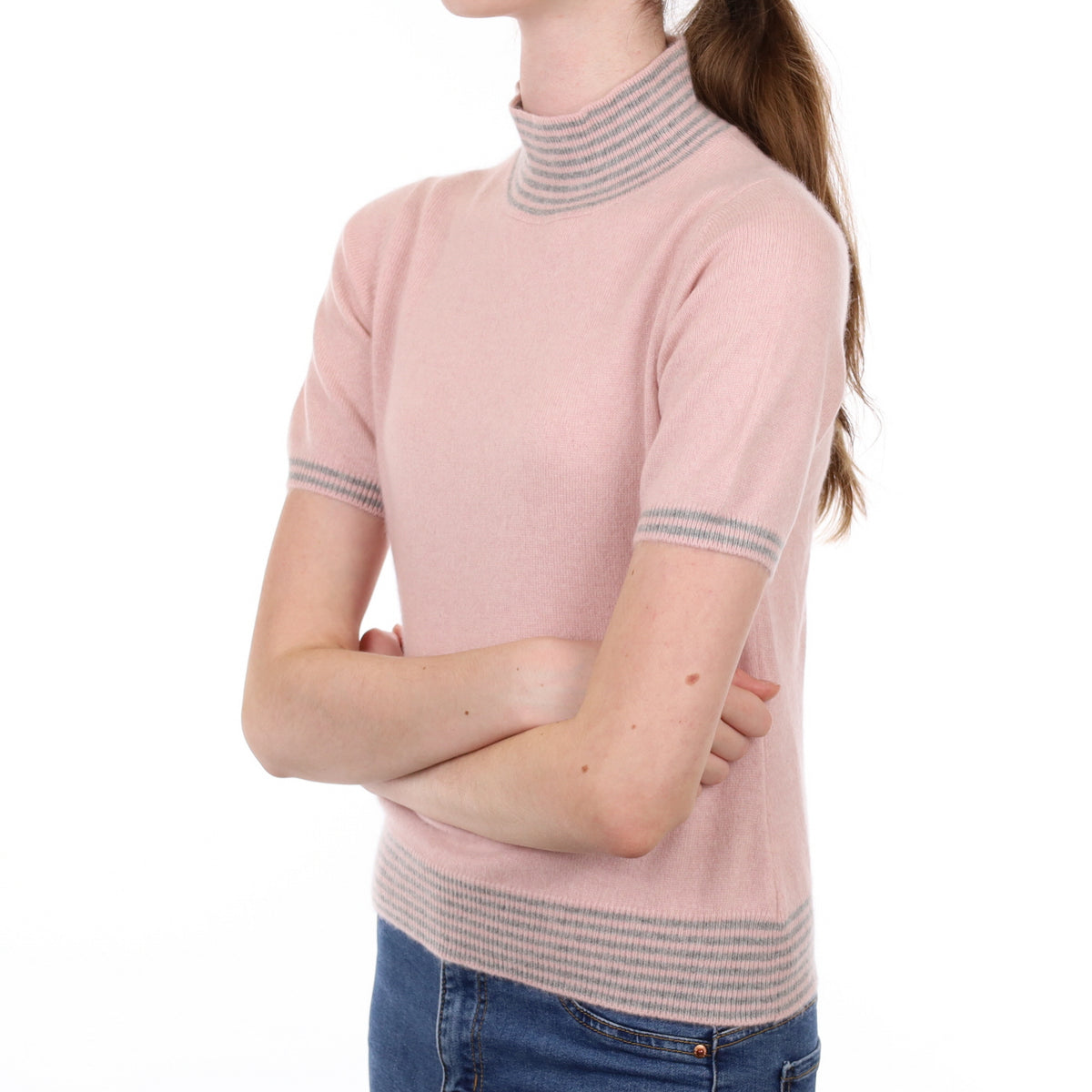 Carnation Pink Cashmere Turtle Neck Short Sleeved Jumper Extra Small