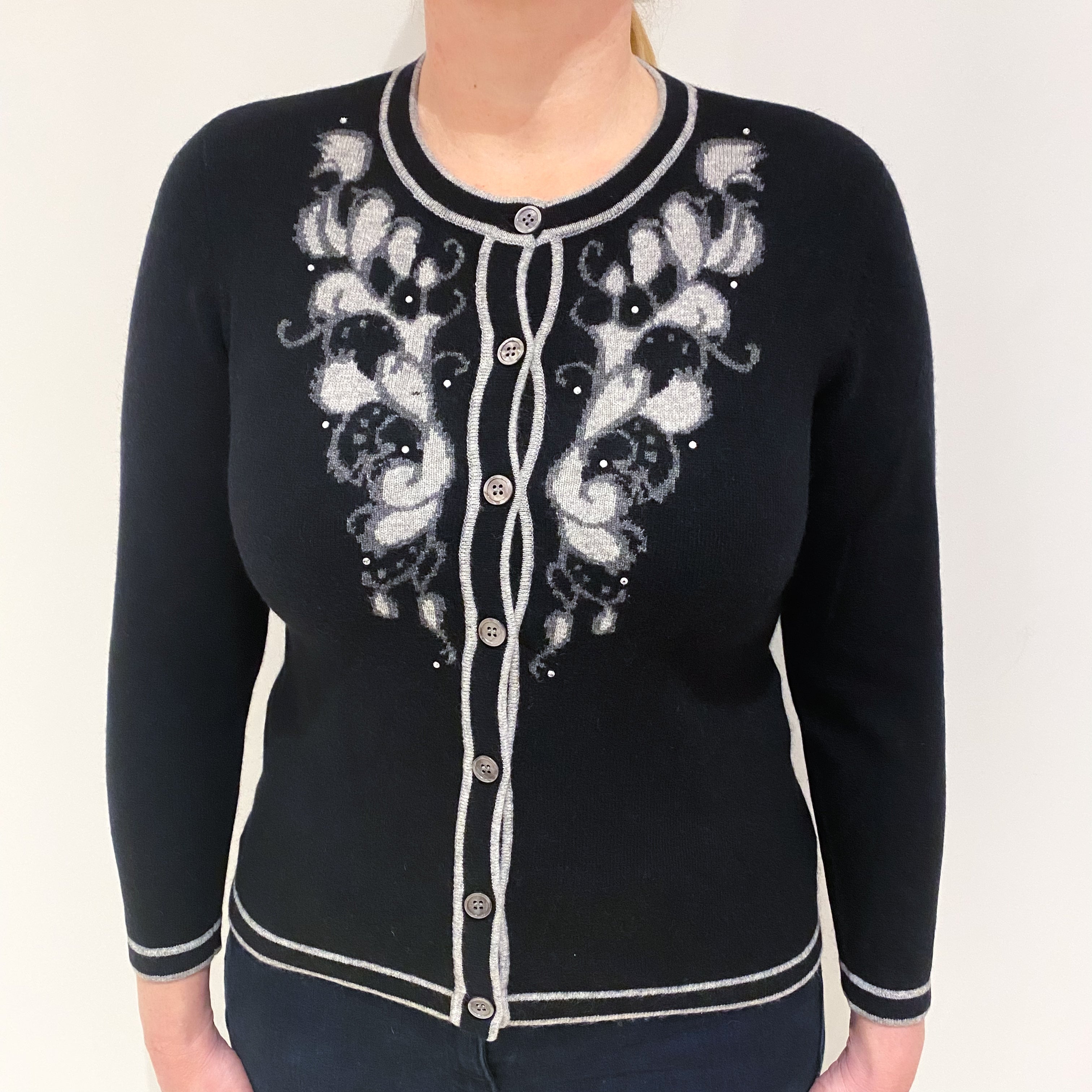 Black Grey Floral Cashmere Crew Cardigan Large