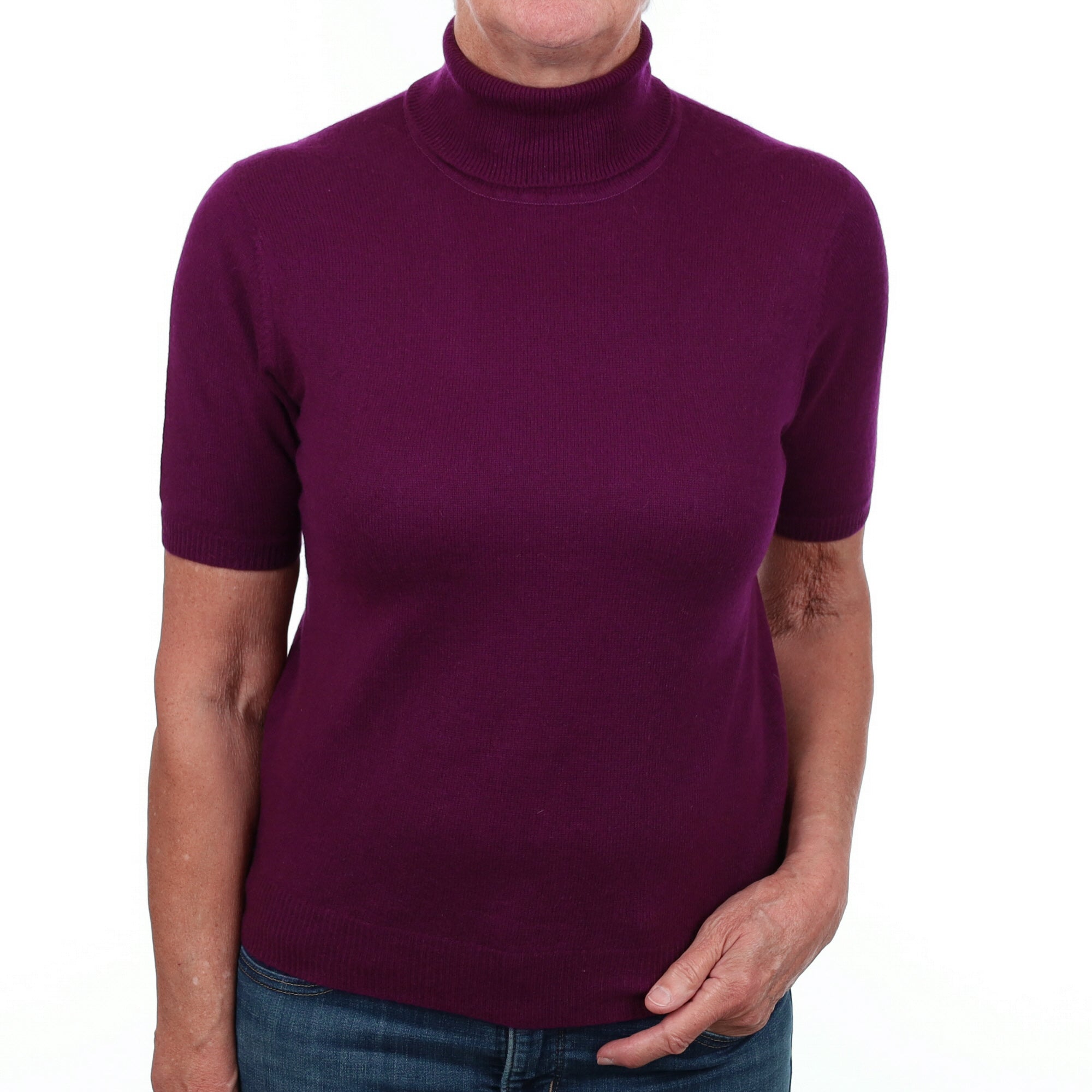 Mulberry Purple Cashmere Polo Neck Short Sleeve Jumper Medium
