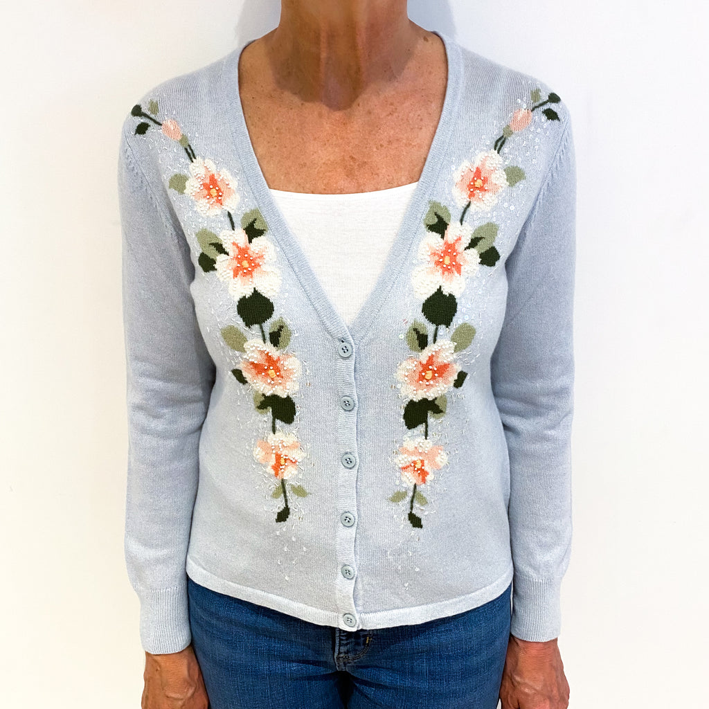 Ice Blue Floral Cashmere V Neck Cardigan Medium