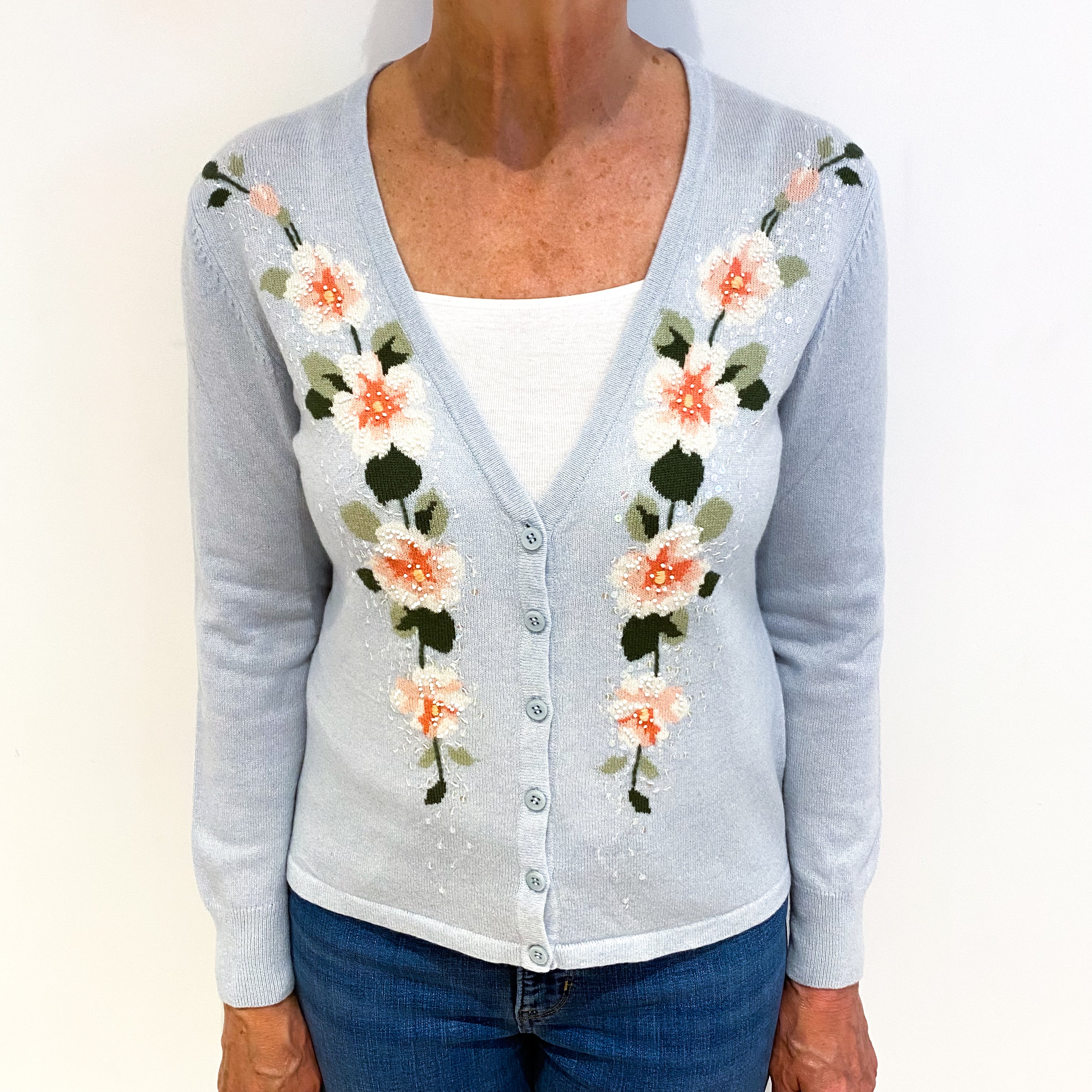 Ice Blue Floral Cashmere V Neck Cardigan Medium