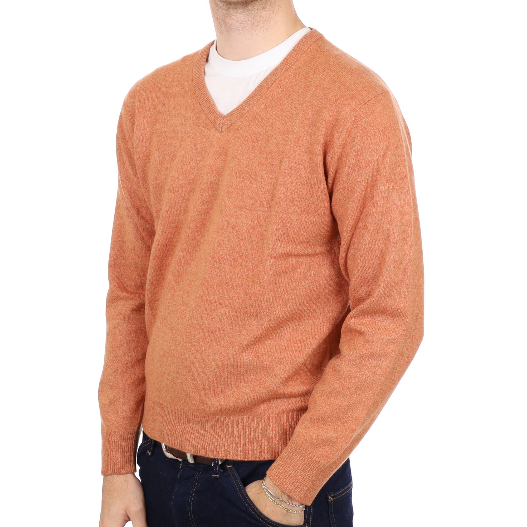 Men's Crab Orange Marl Cashmere V Neck Jumper Medium