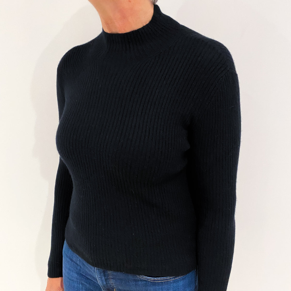 Black Skinny Rib Cashmere Funnel Neck Jumper Medium