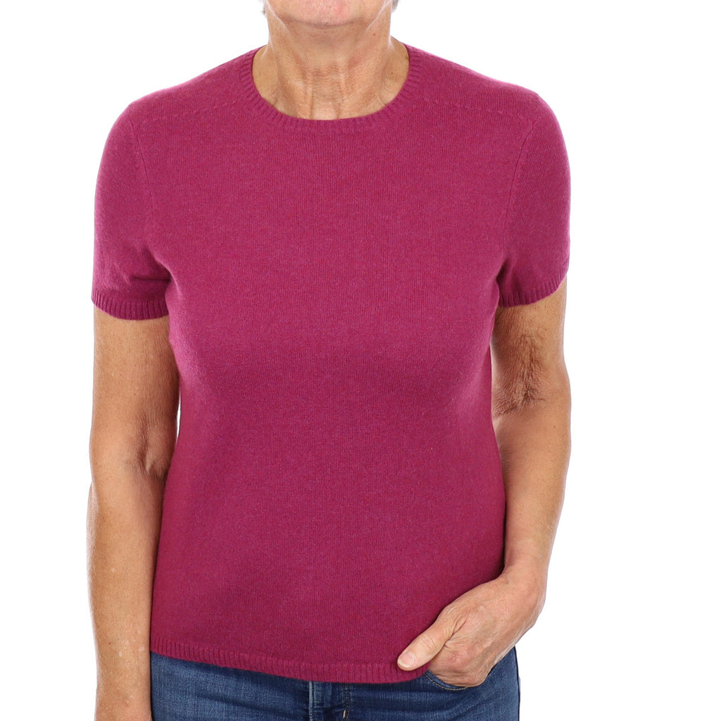 Plum Purple Cashmere Crew Neck Short Sleeved Jumper Medium