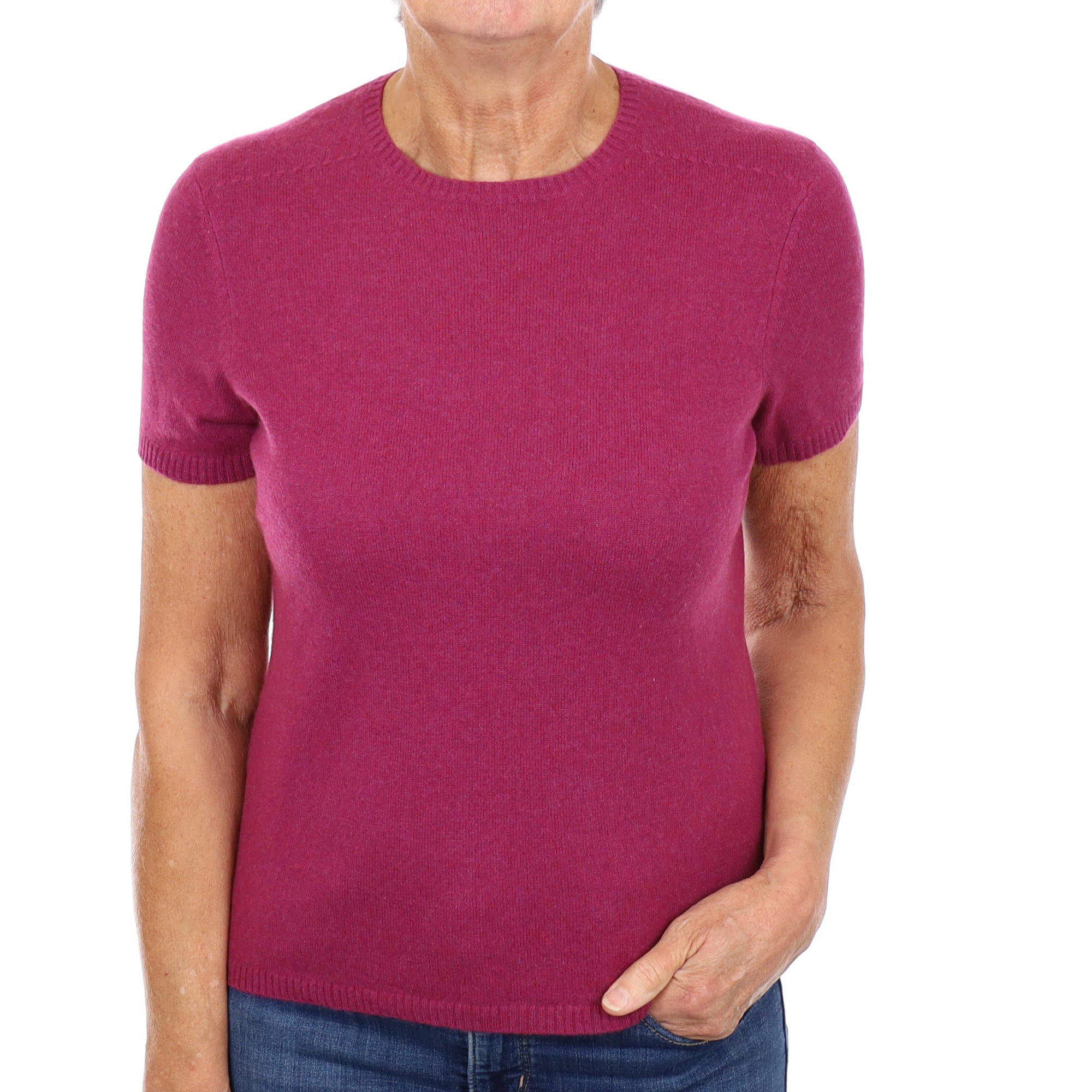 Plum Purple Cashmere Crew Neck Short Sleeved Jumper Medium