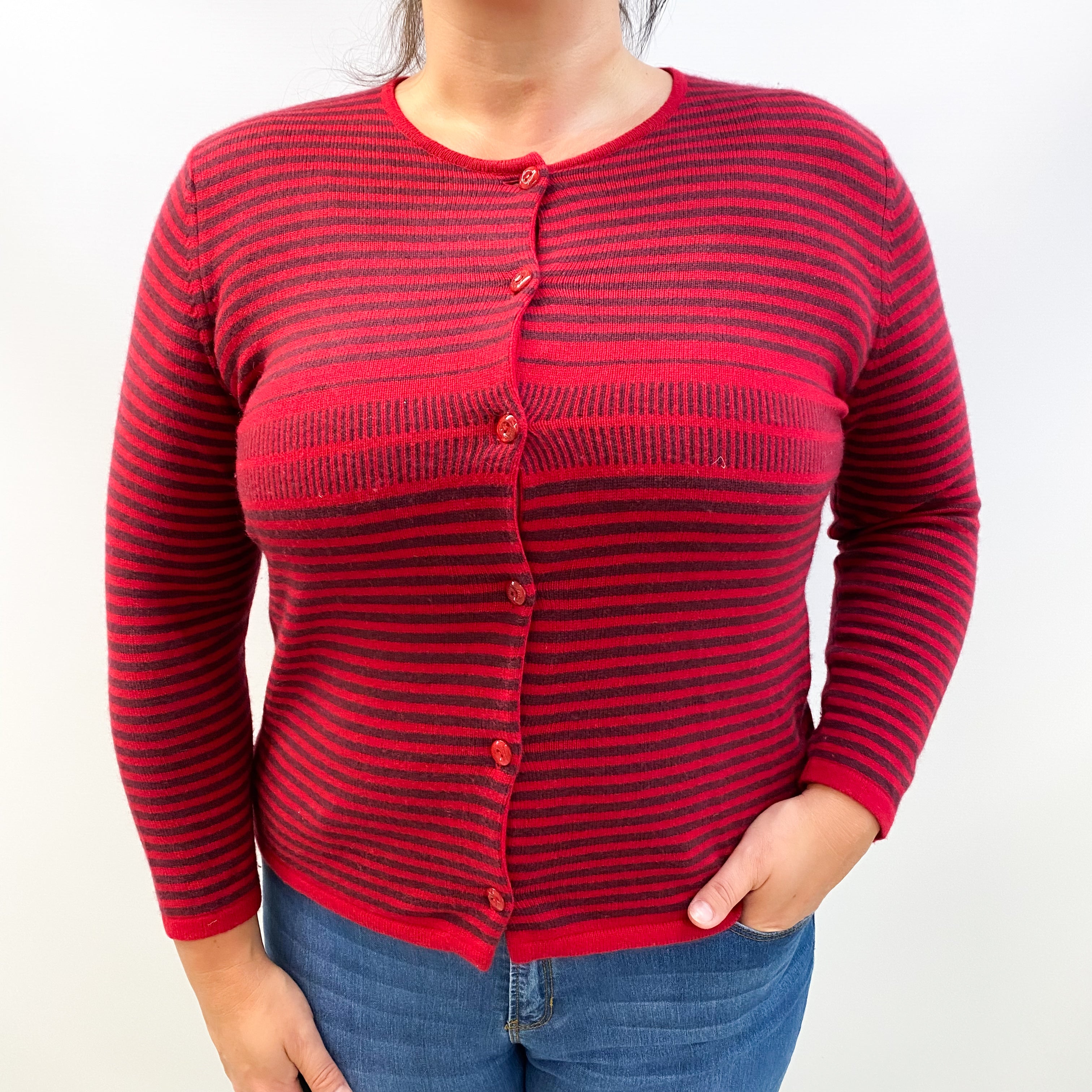 Post Box Red and Wine Stripe Cashmere Crew Neck Cardigan Large