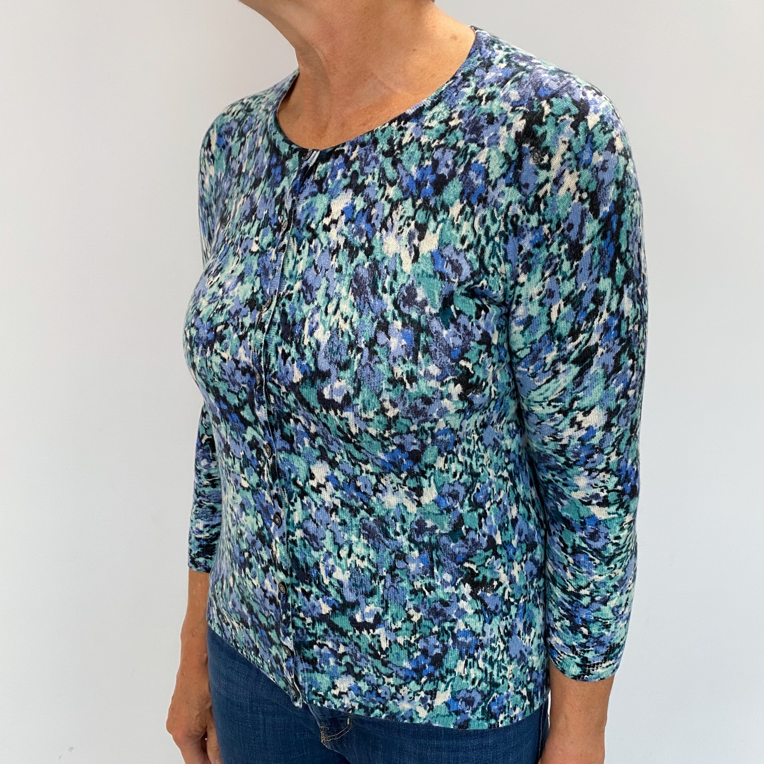 Sea Foam Blue Patterned Cashmere Crew Neck Cardigan Medium