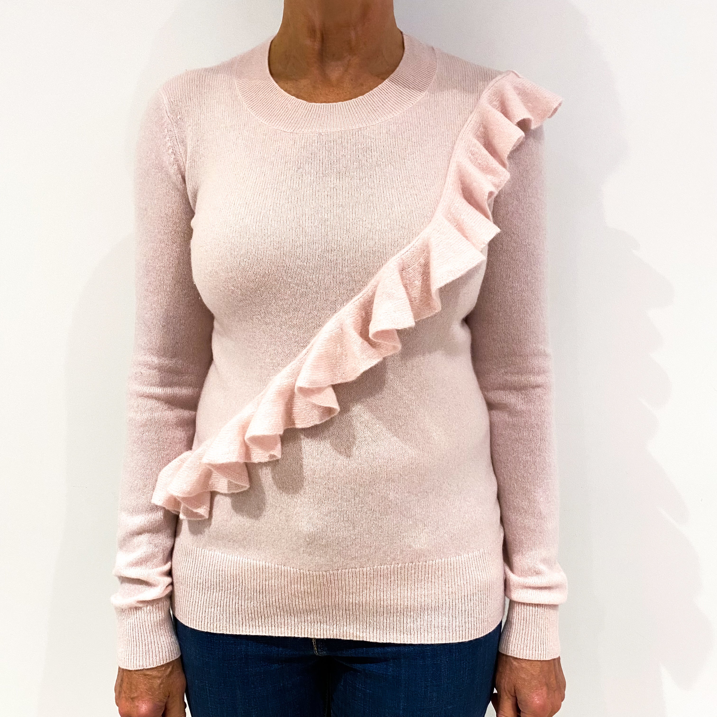Pale Pink Frill Trim Cashmere Crew Neck Jumper Medium