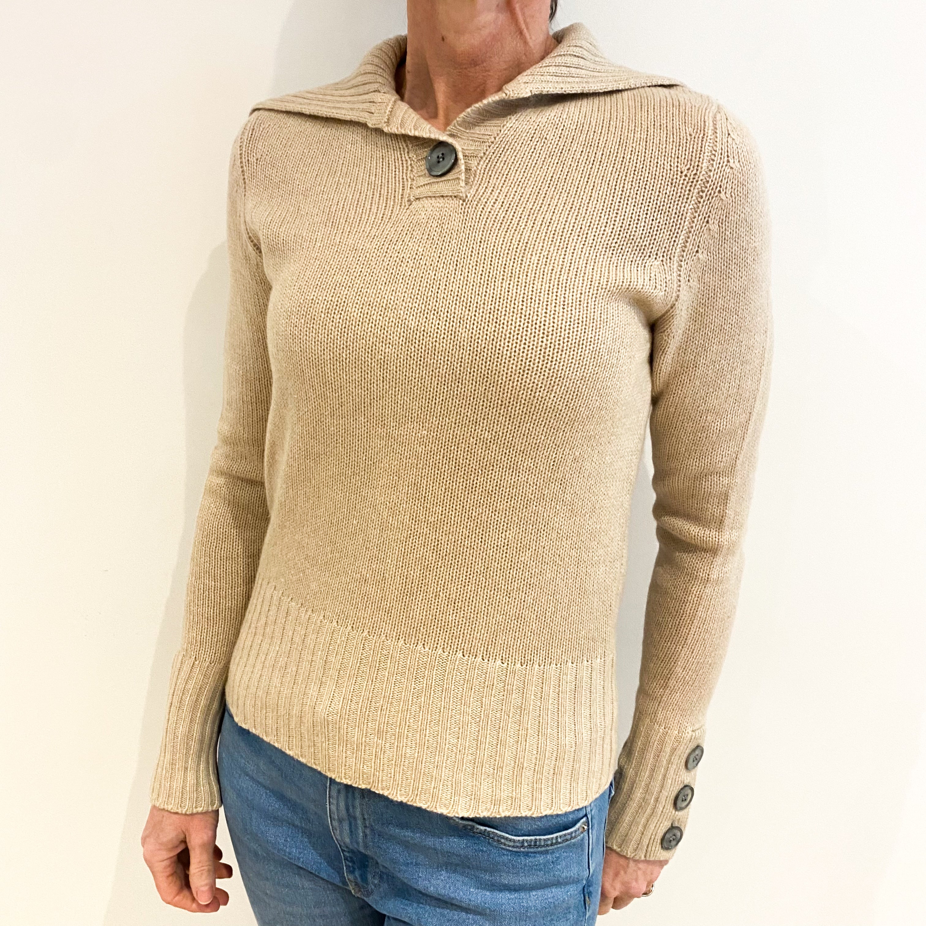 Sand Beige Cashmere Button Up V Neck Jumper Small