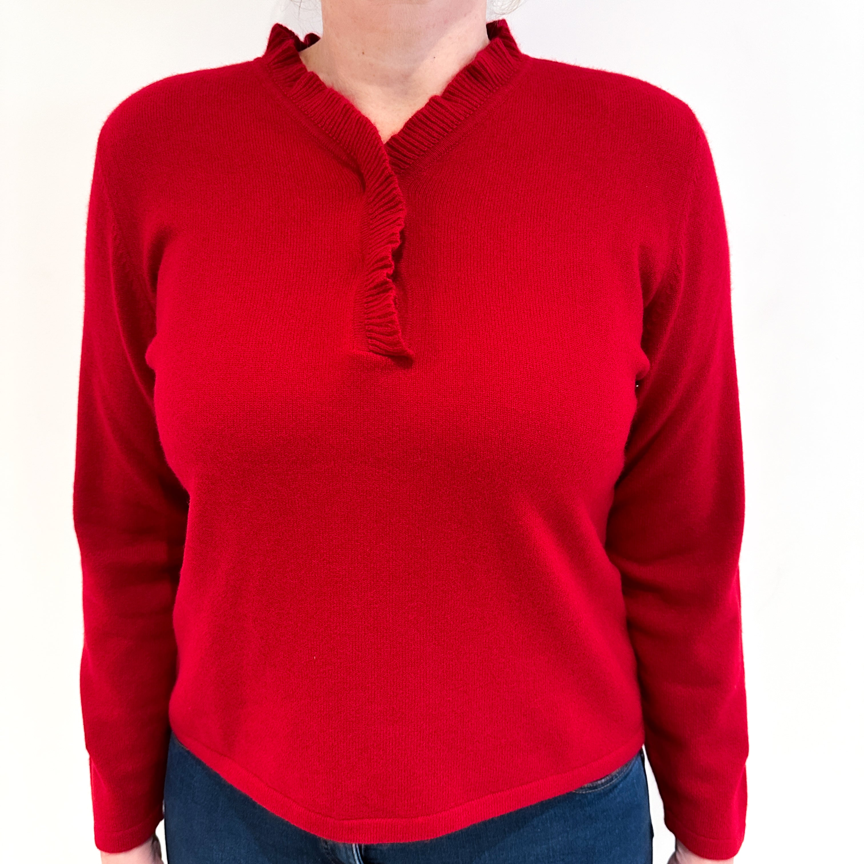 Ruby Red Cashmere Frill Trimmed V Neck Jumper Large