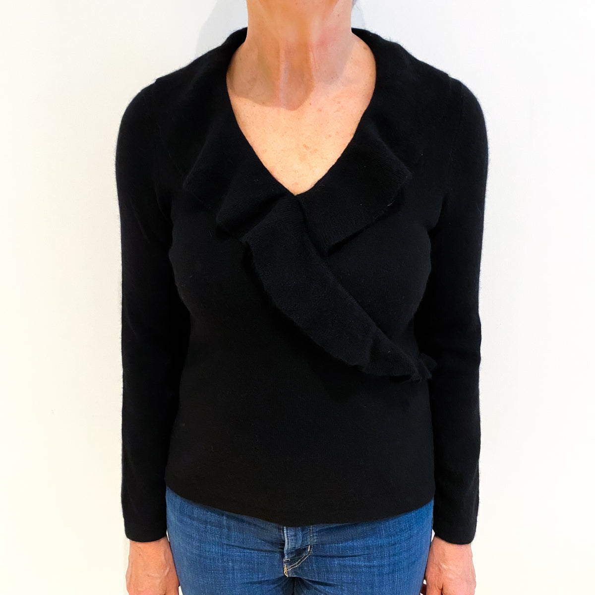 Black Cashmere V Neck Ruffle Front Jumper Medium
