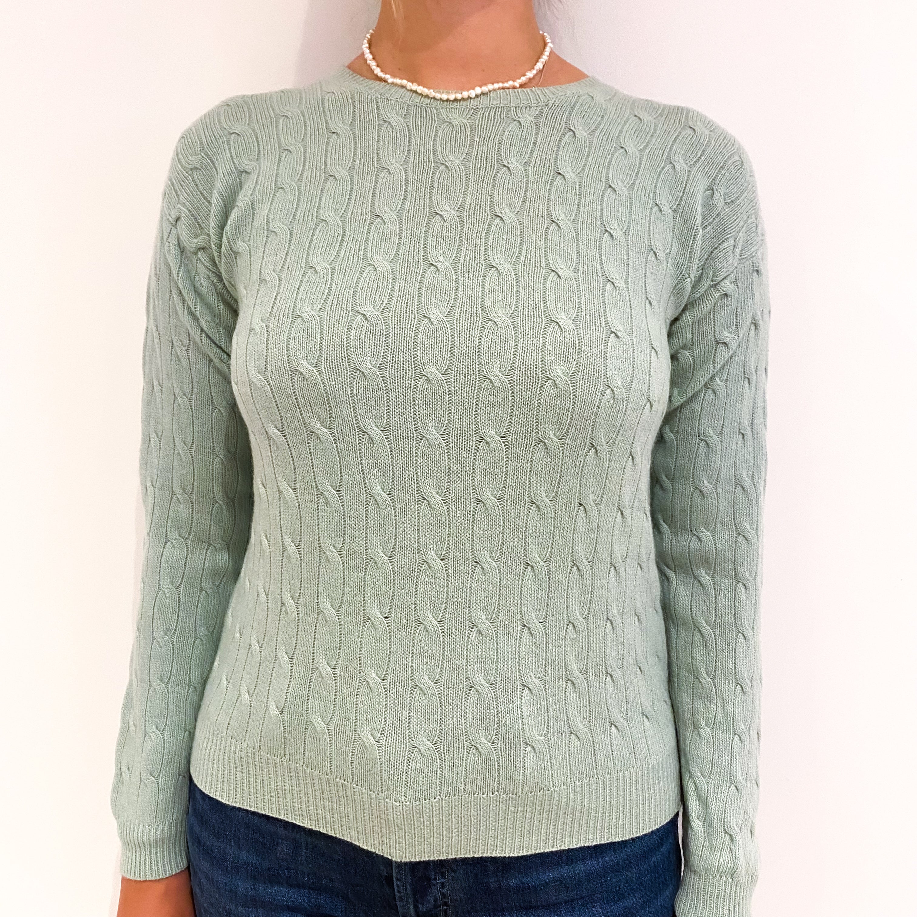 Sea Green Cable Knit Cashmere Crew Neck Jumper Small