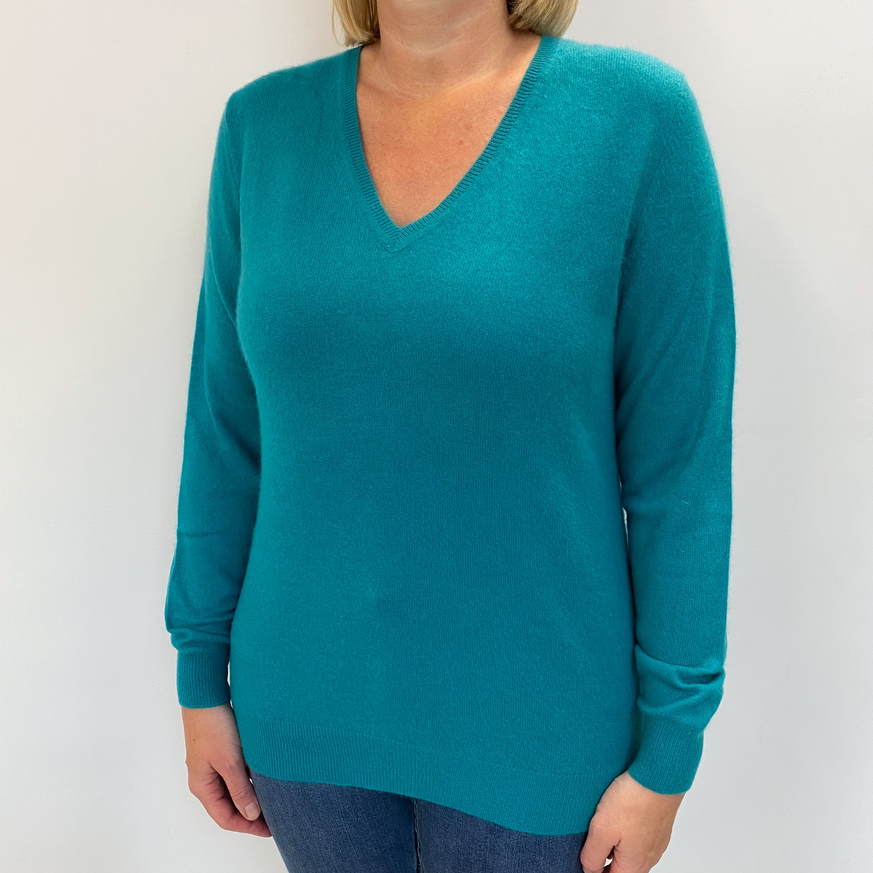 Turquoise Green Cashmere V Neck Jumper Large