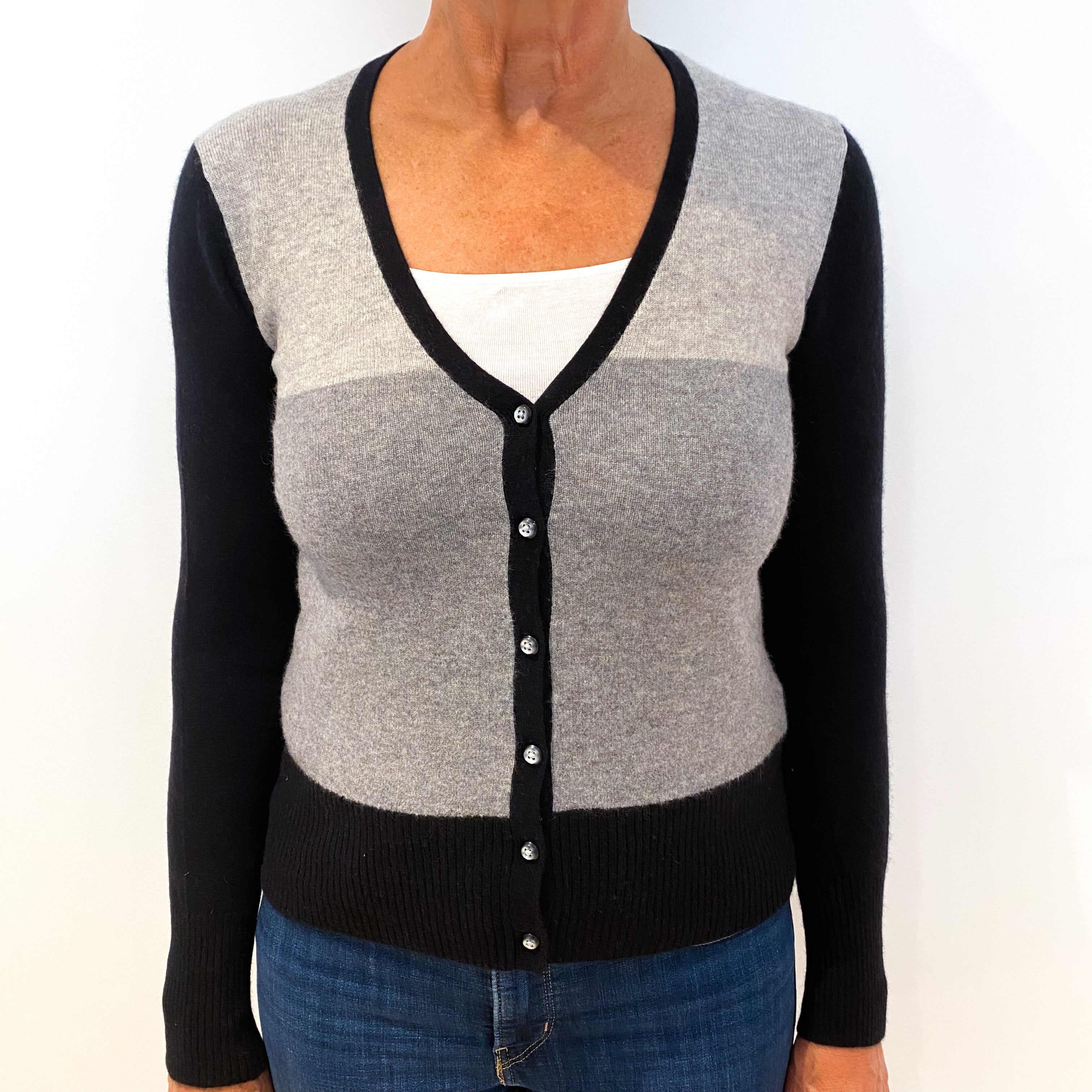 Black Grey Colour Block Cashmere V-Neck Cardigan Medium