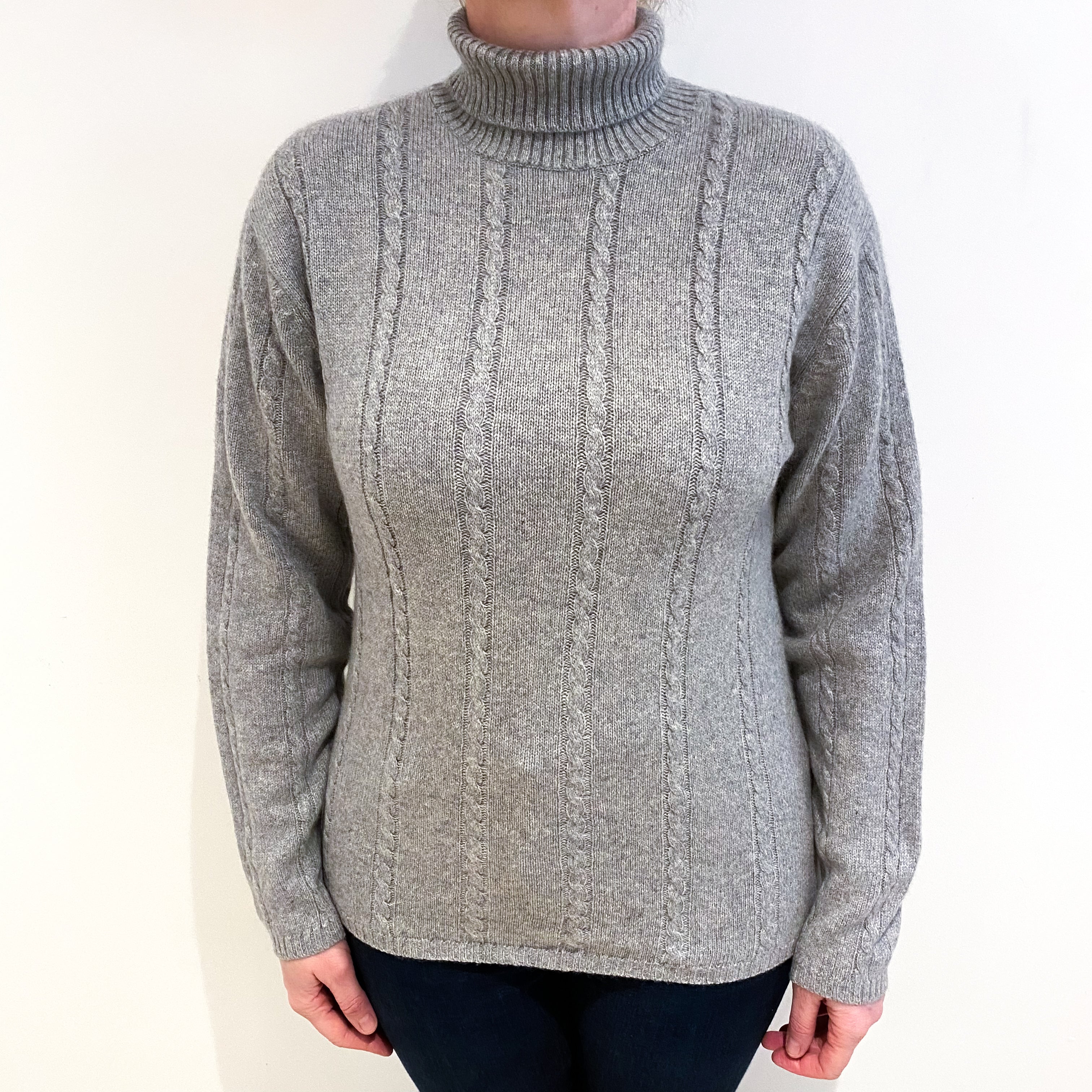 Smoke Grey Cashmere Polo Neck Cable Knit Jumper Large