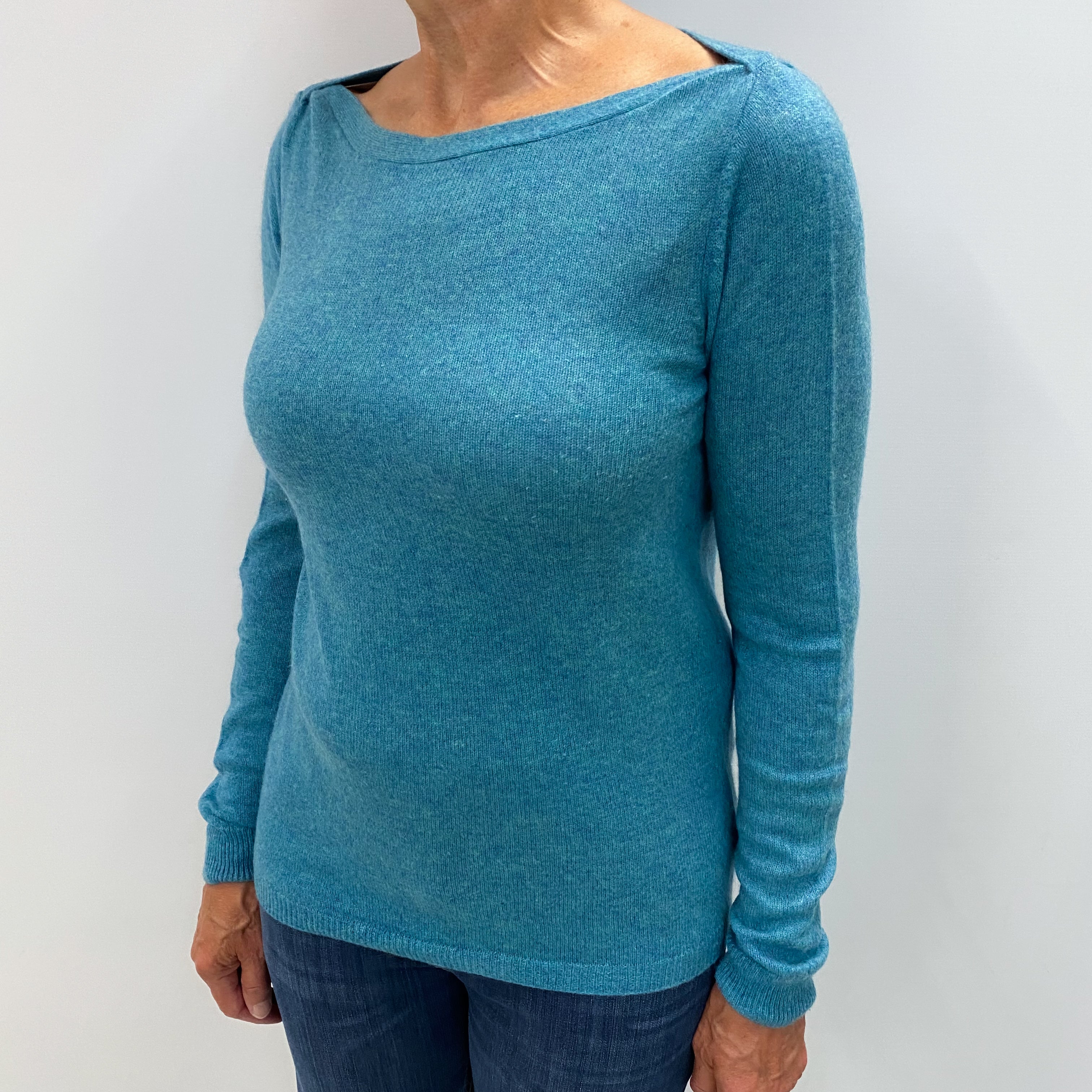 Aqua Blue Marl Cashmere Slash Neck Jumper Medium