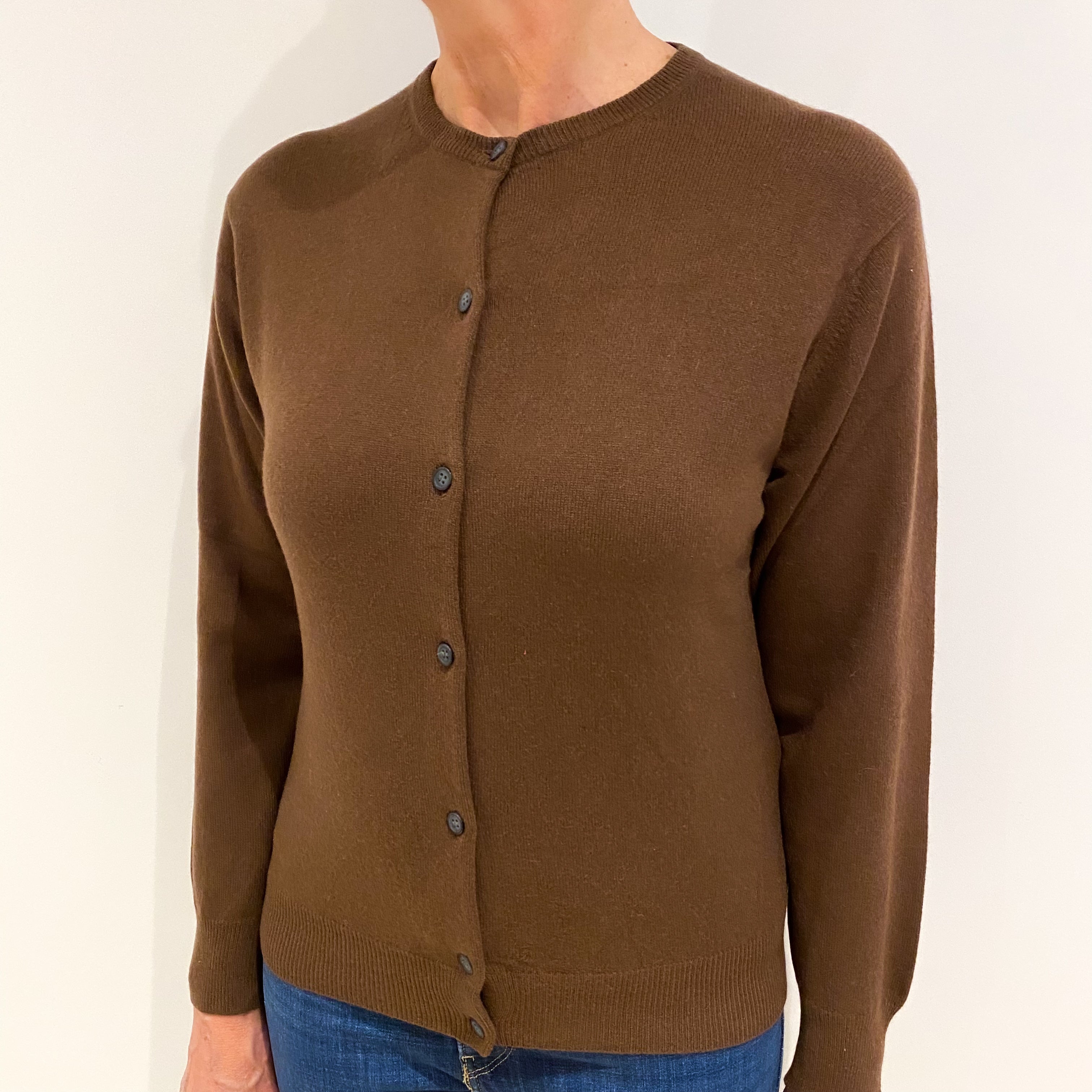 Milk Chocolate Brown Cashmere Crew Neck Cardigan Medium