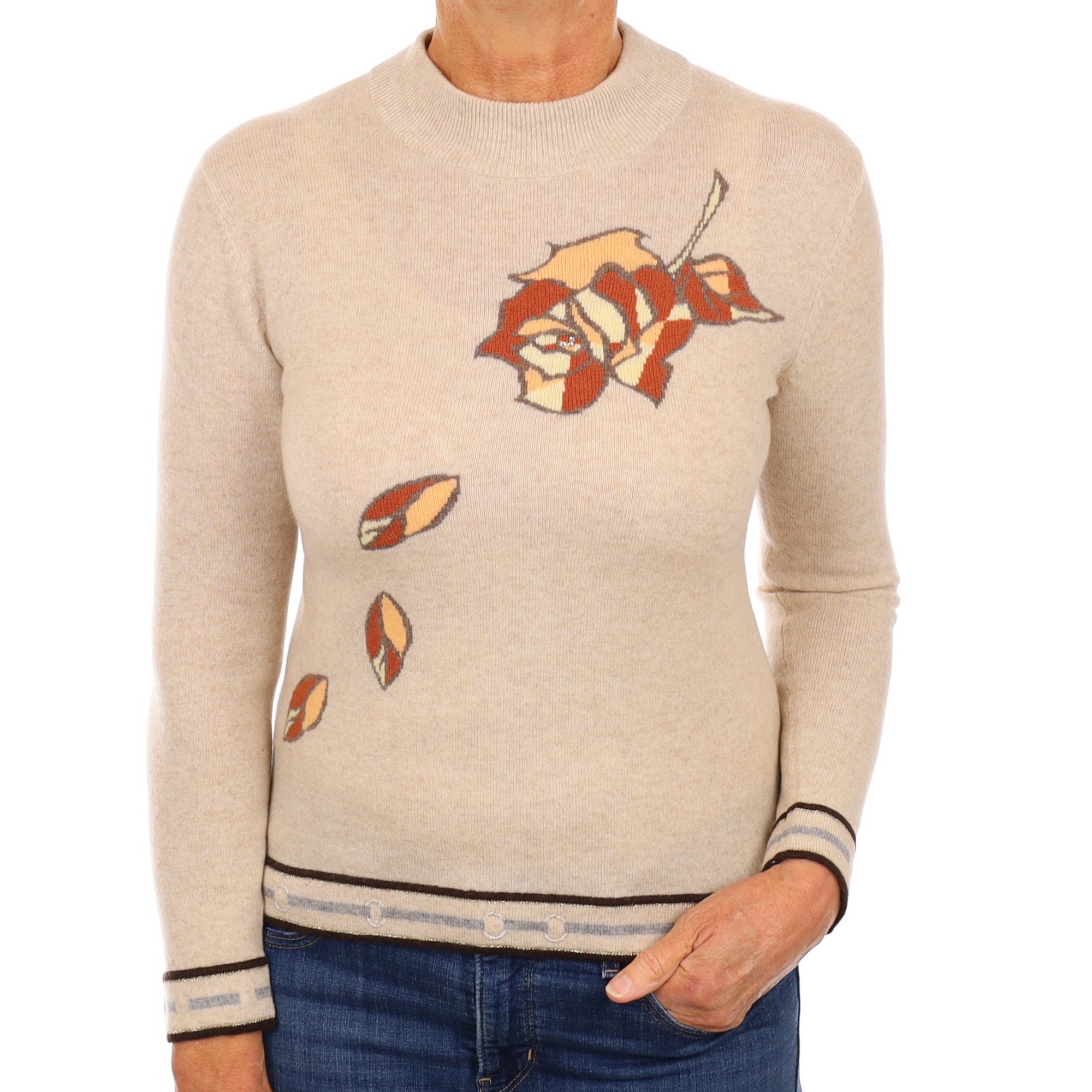 Beige Floral Cashmere Turtle Neck Jumper Medium