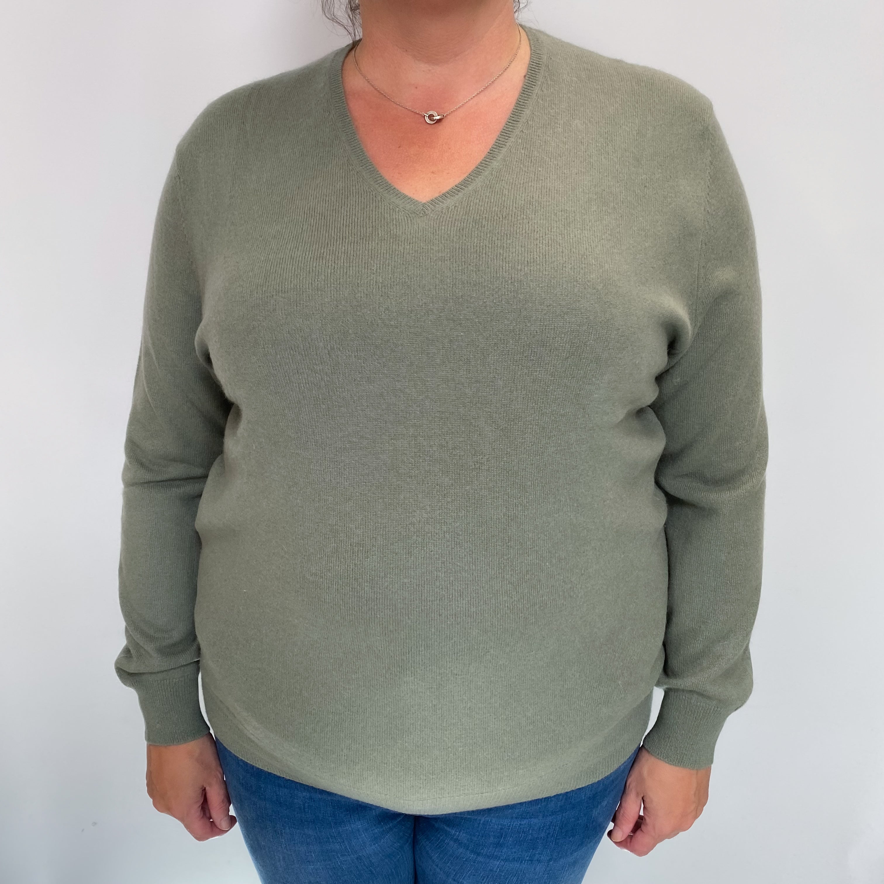 Sage Green Cashmere V Neck Jumper Extra Large