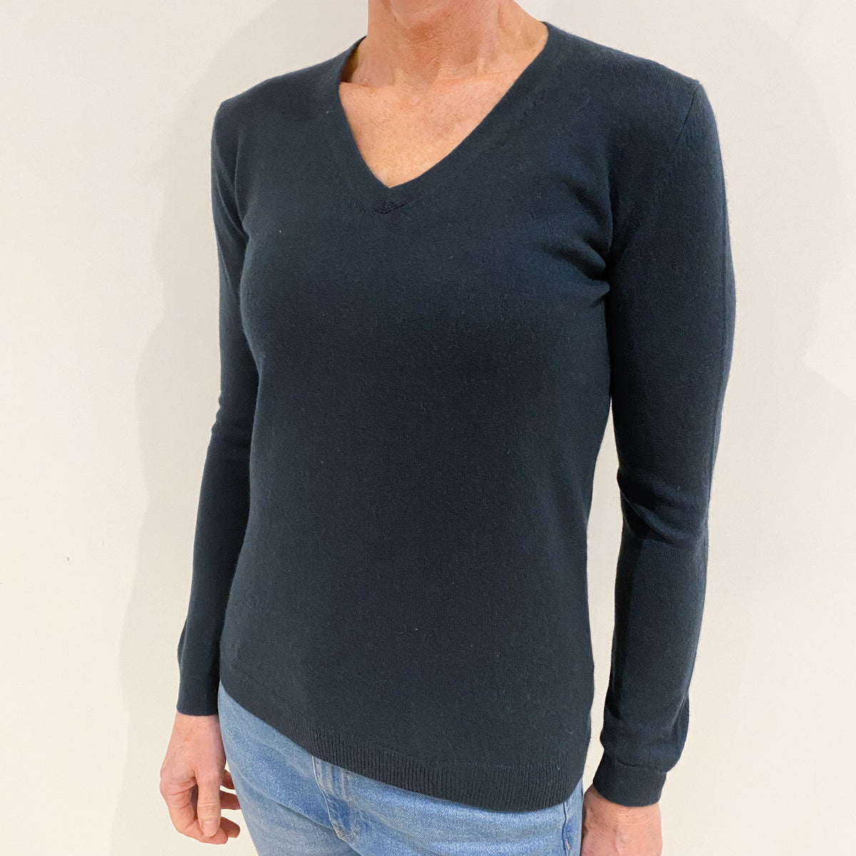 Dark Naval Blue Cashmere V Neck Jumper Small