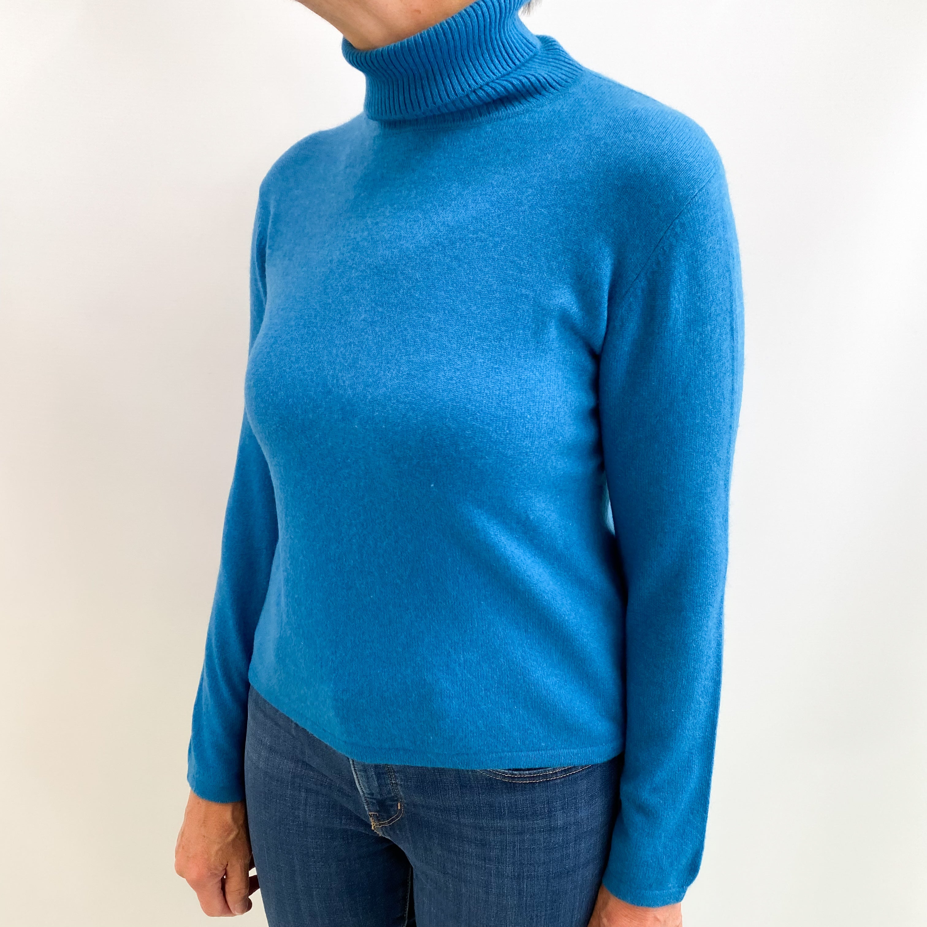 Teal Blue Cashmere Polo Neck Jumper Medium