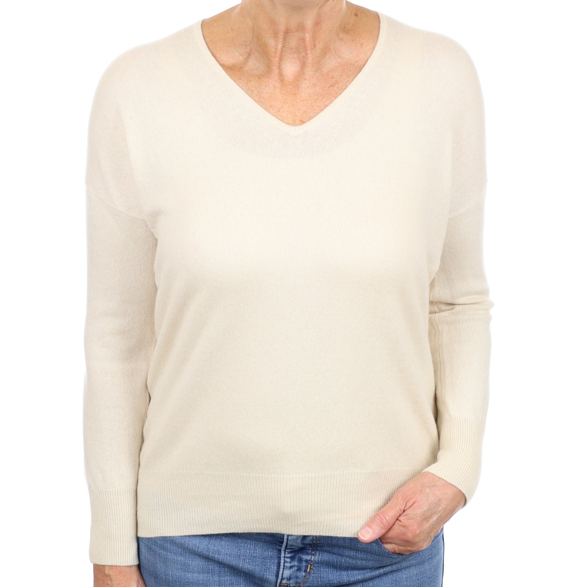 Ivory Cashmere V Neck Jumper Medium