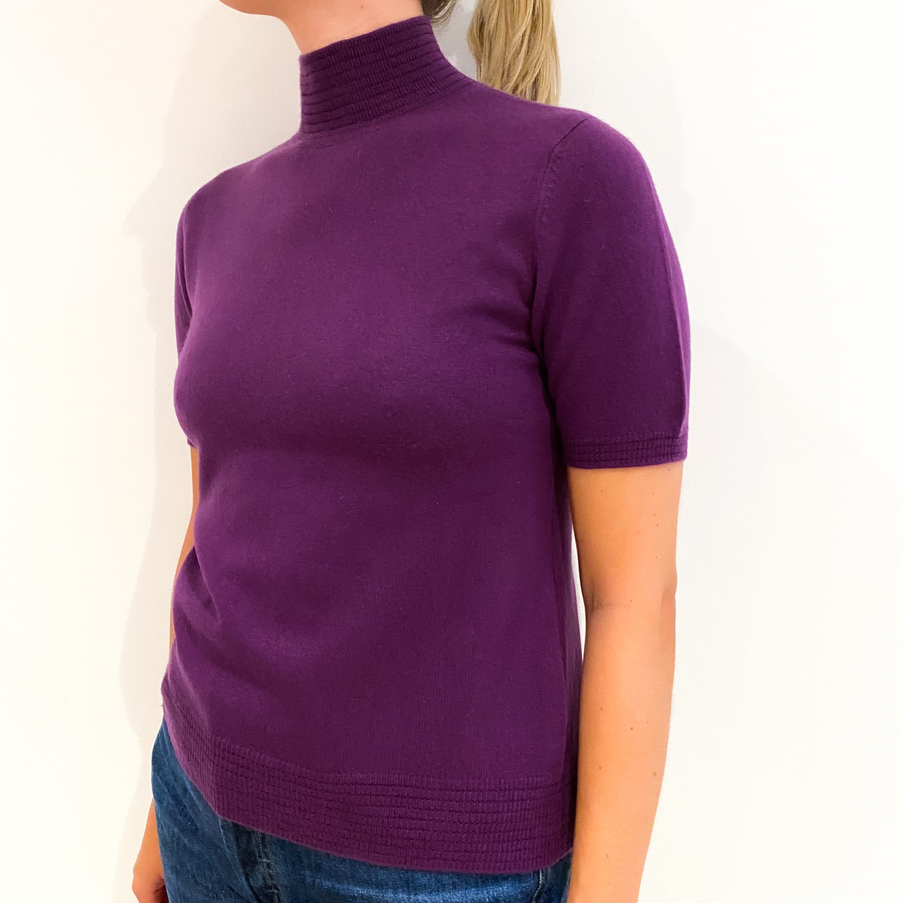 Violet Purple Short Sleeved Cashmere Turtle Neck Jumper Medium